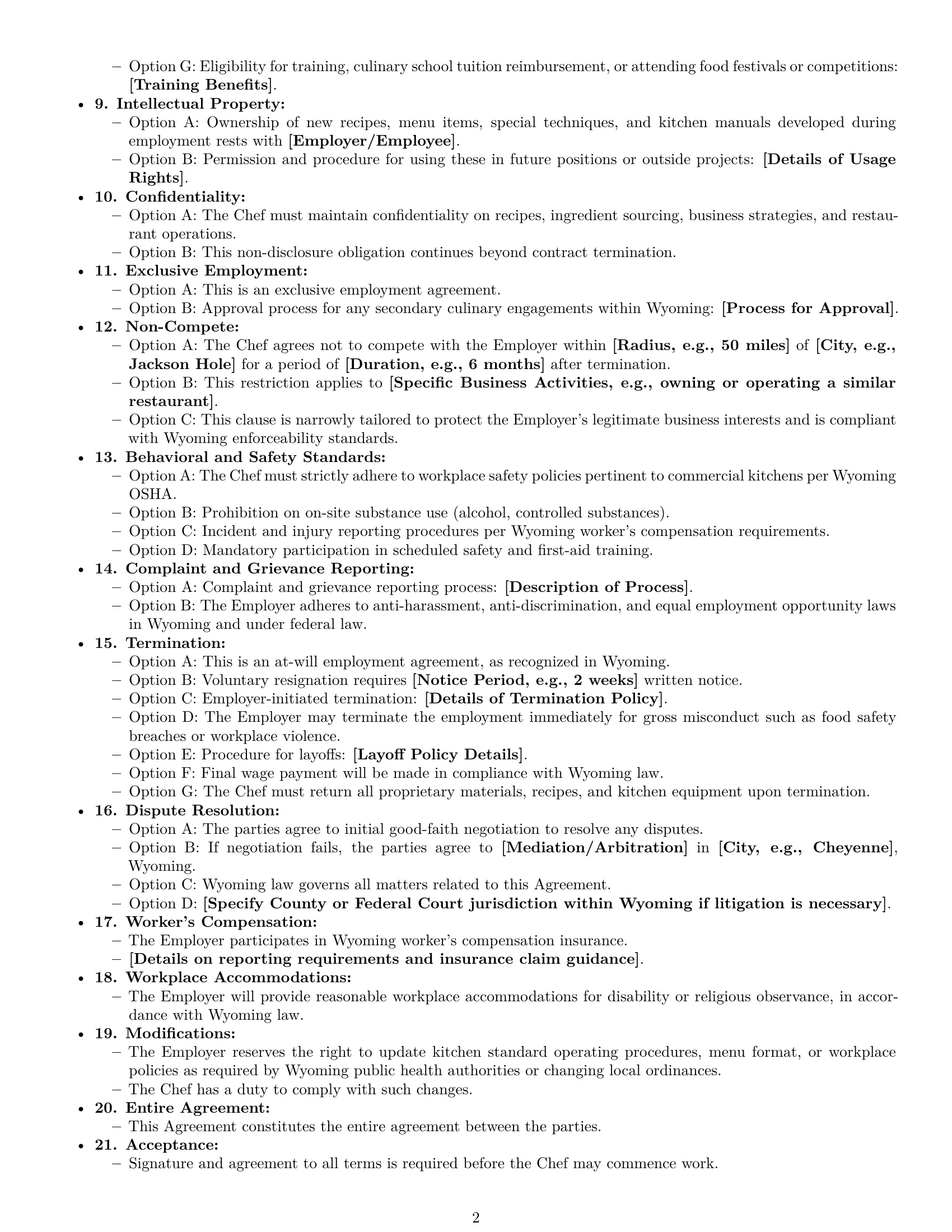 Preview page 2 of Free Wyoming chef employment contract template