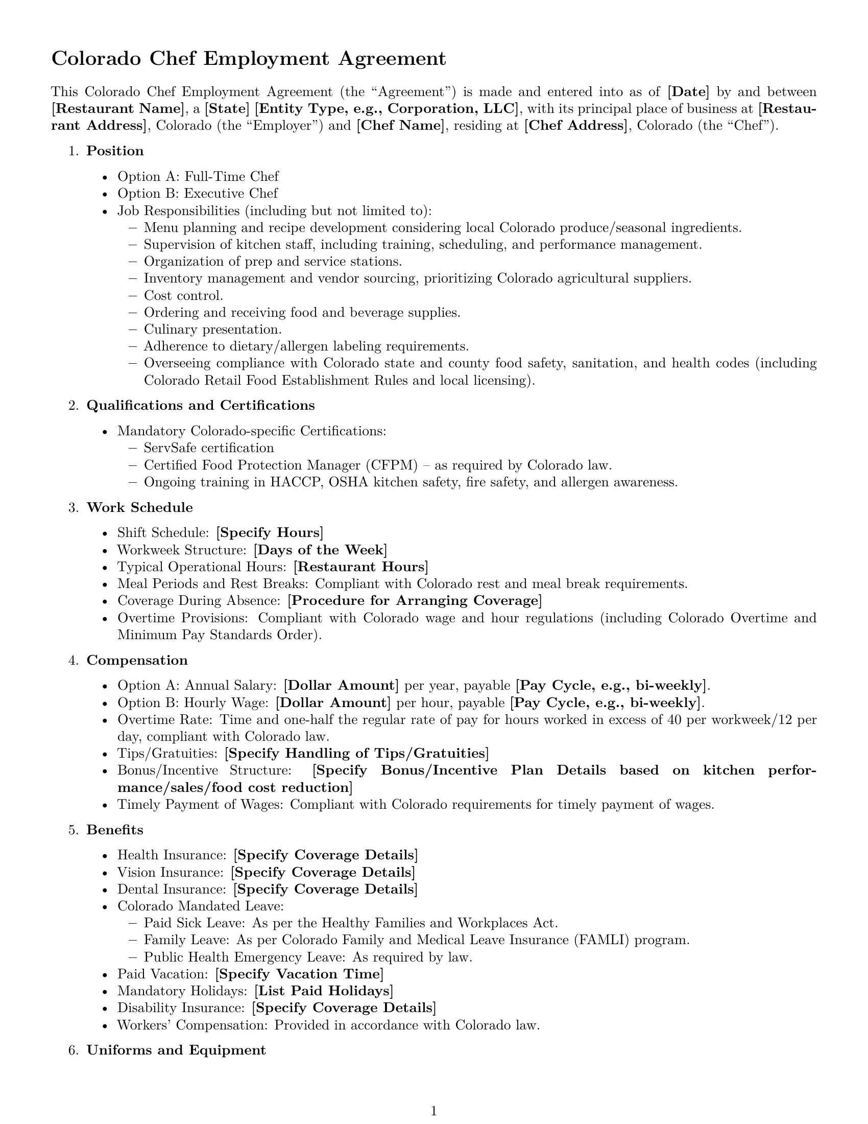 Preview page 1 of Free Colorado chef employment contract template
