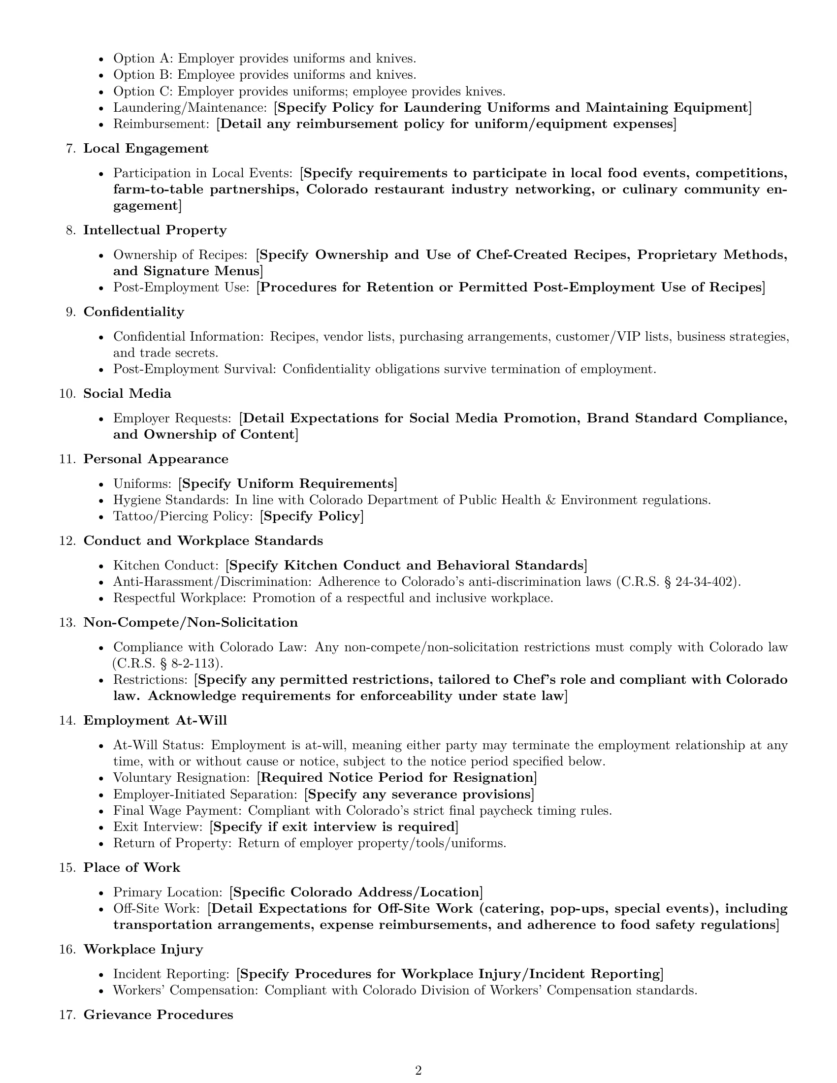 Preview page 2 of Free Colorado chef employment contract template