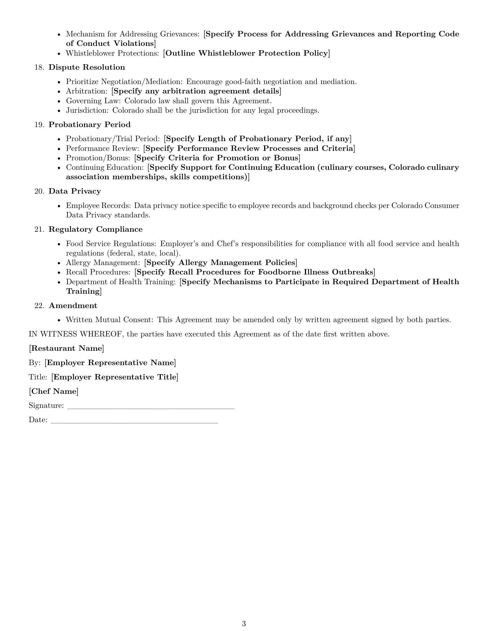 Preview page 3 of Free Colorado chef employment contract template