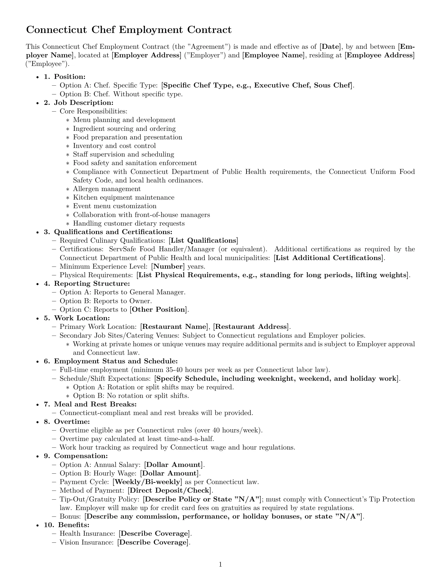 Preview page 1 of Free Connecticut chef employment contract template