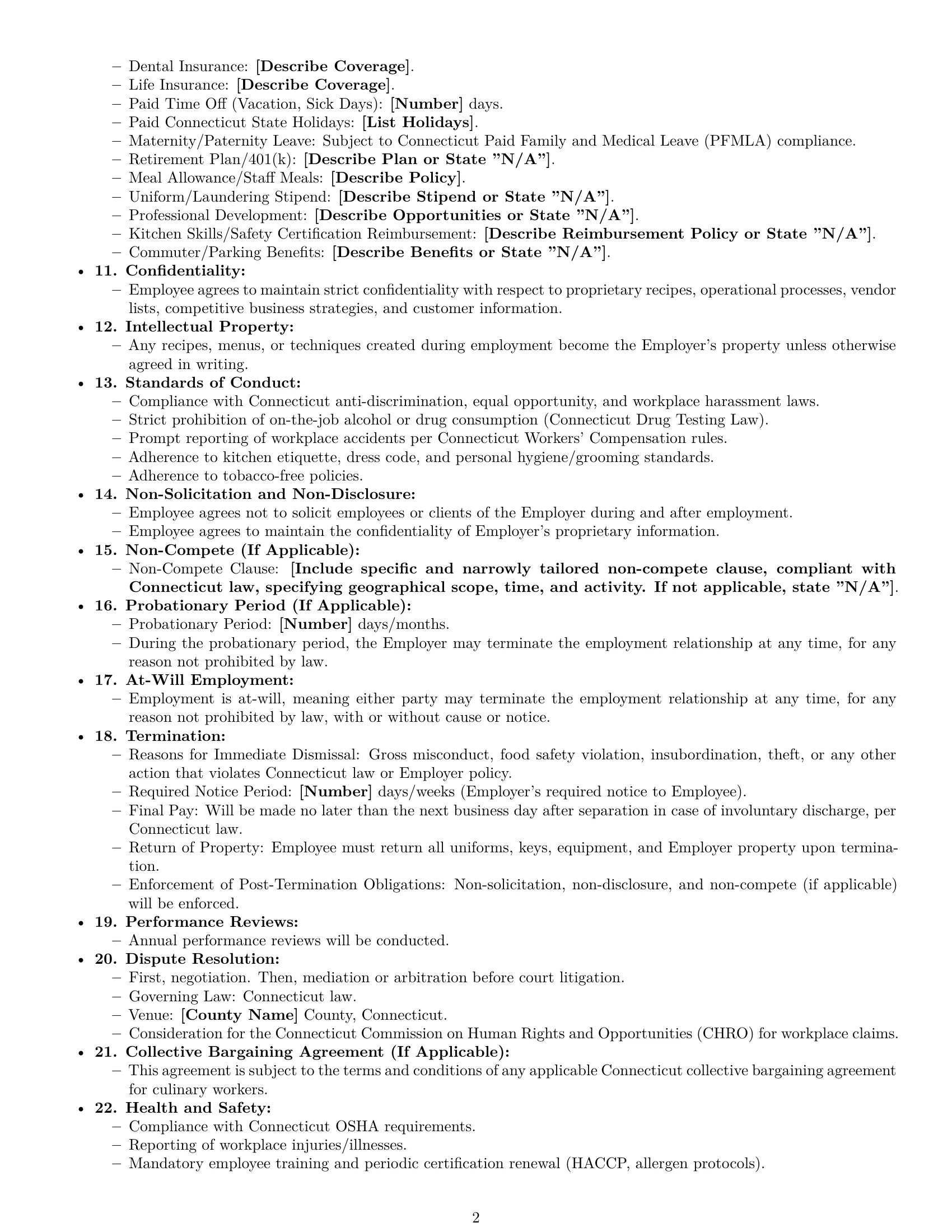 Preview page 2 of Free Connecticut chef employment contract template