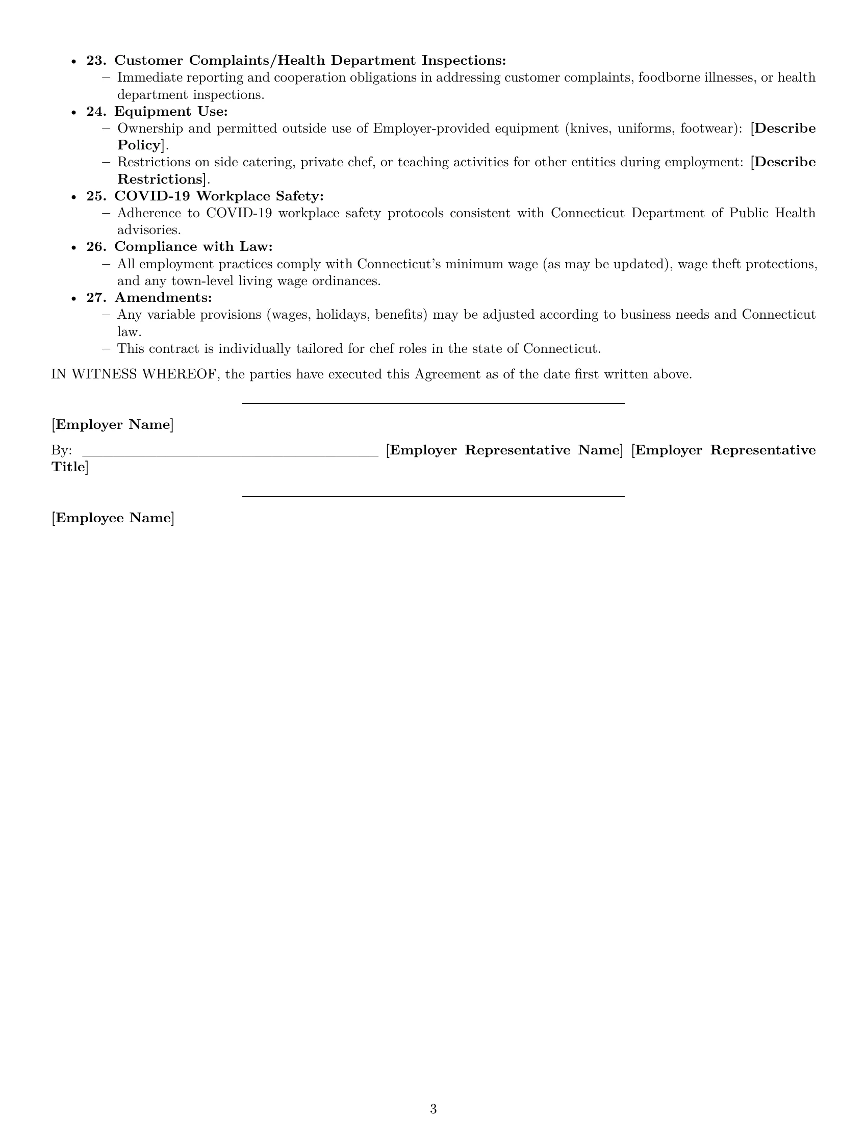 Preview page 3 of Free Connecticut chef employment contract template
