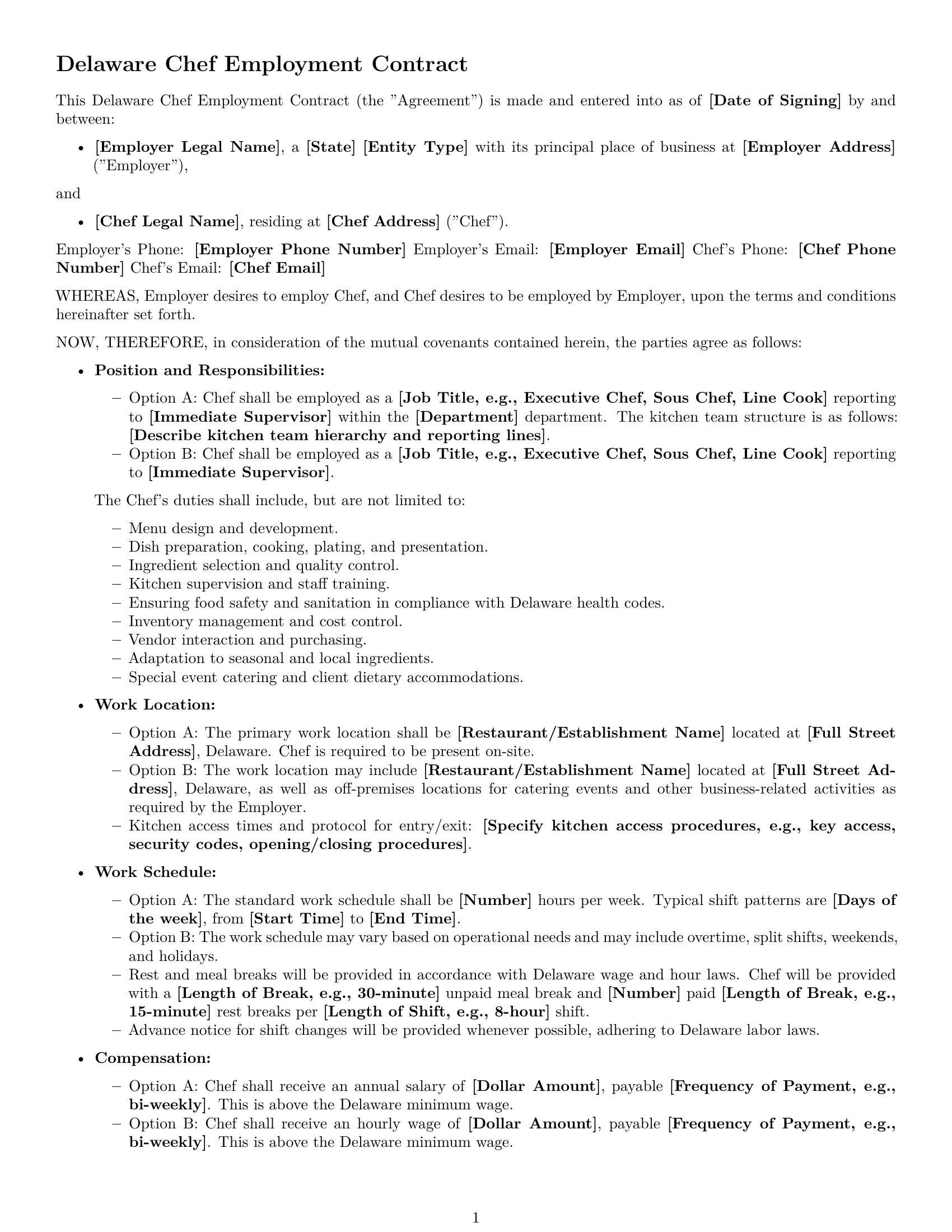 Preview page 1 of Free Delaware chef employment contract template