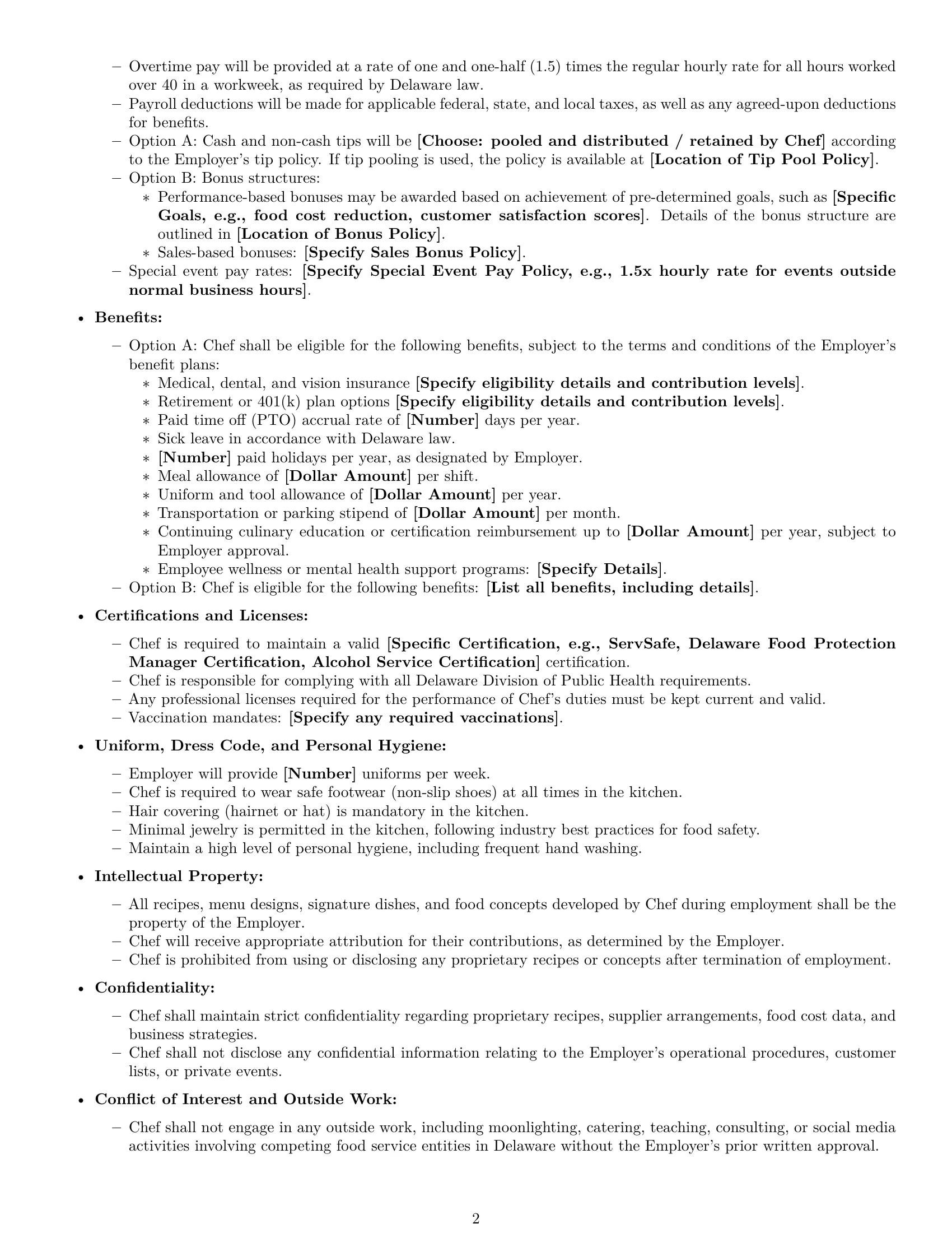 Preview page 2 of Free Delaware chef employment contract template