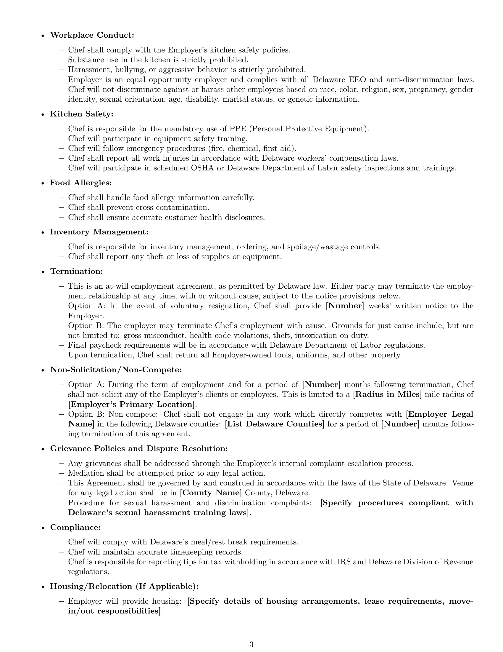 Preview page 3 of Free Delaware chef employment contract template