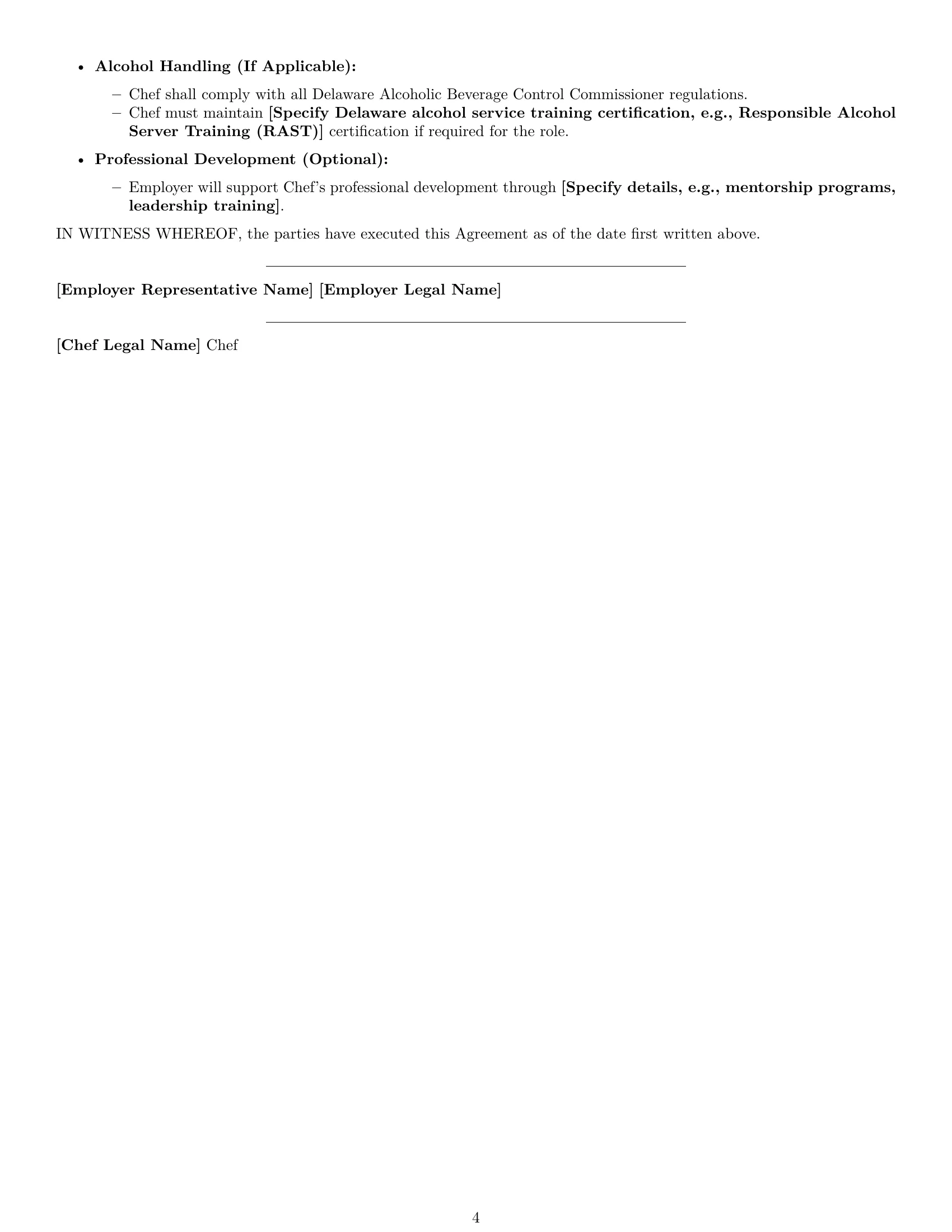 Preview page 4 of Free Delaware chef employment contract template