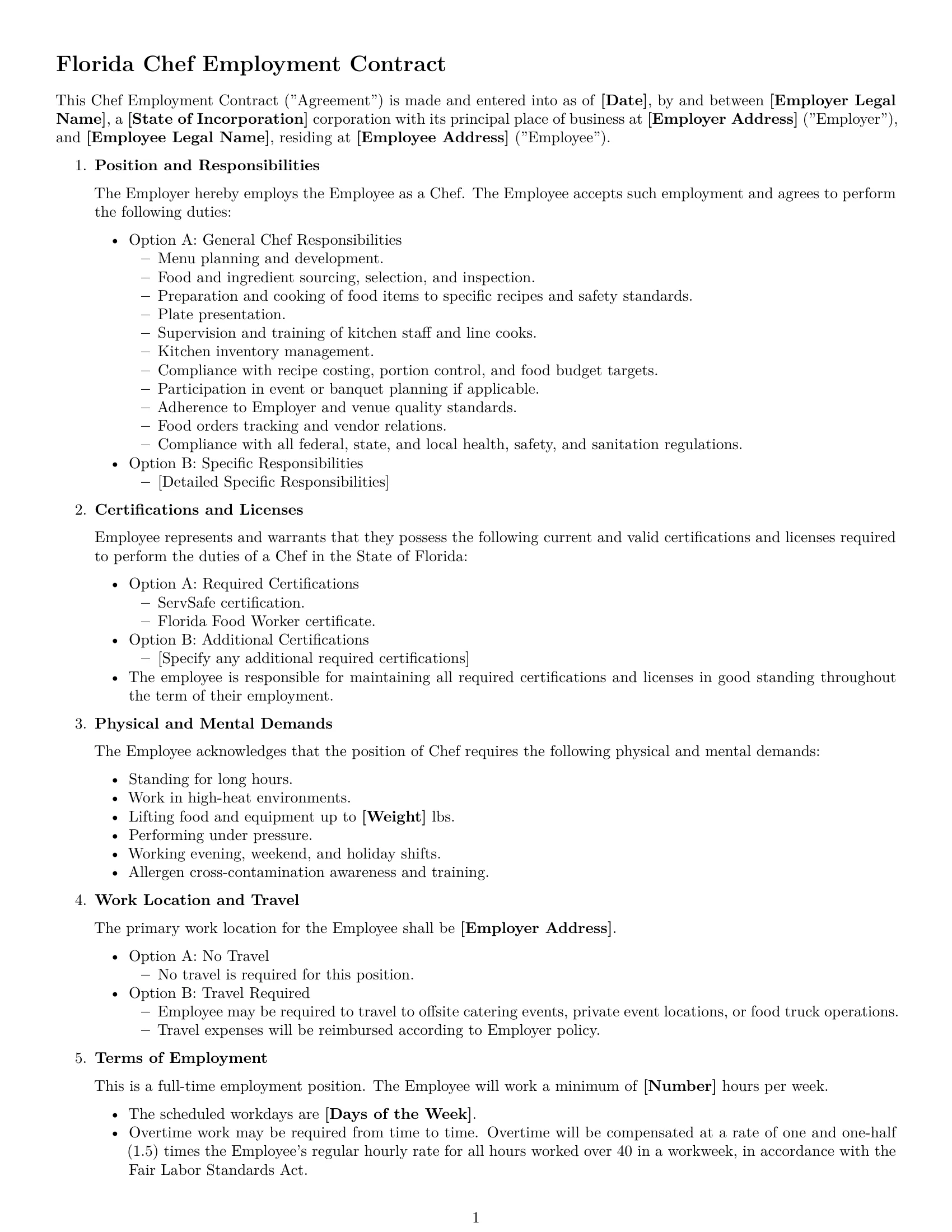Preview page 1 of Free Florida chef employment contract template