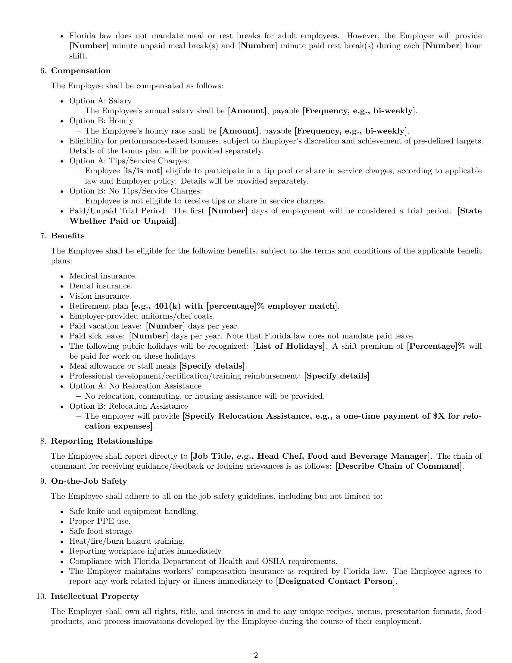 Preview page 2 of Free Florida chef employment contract template