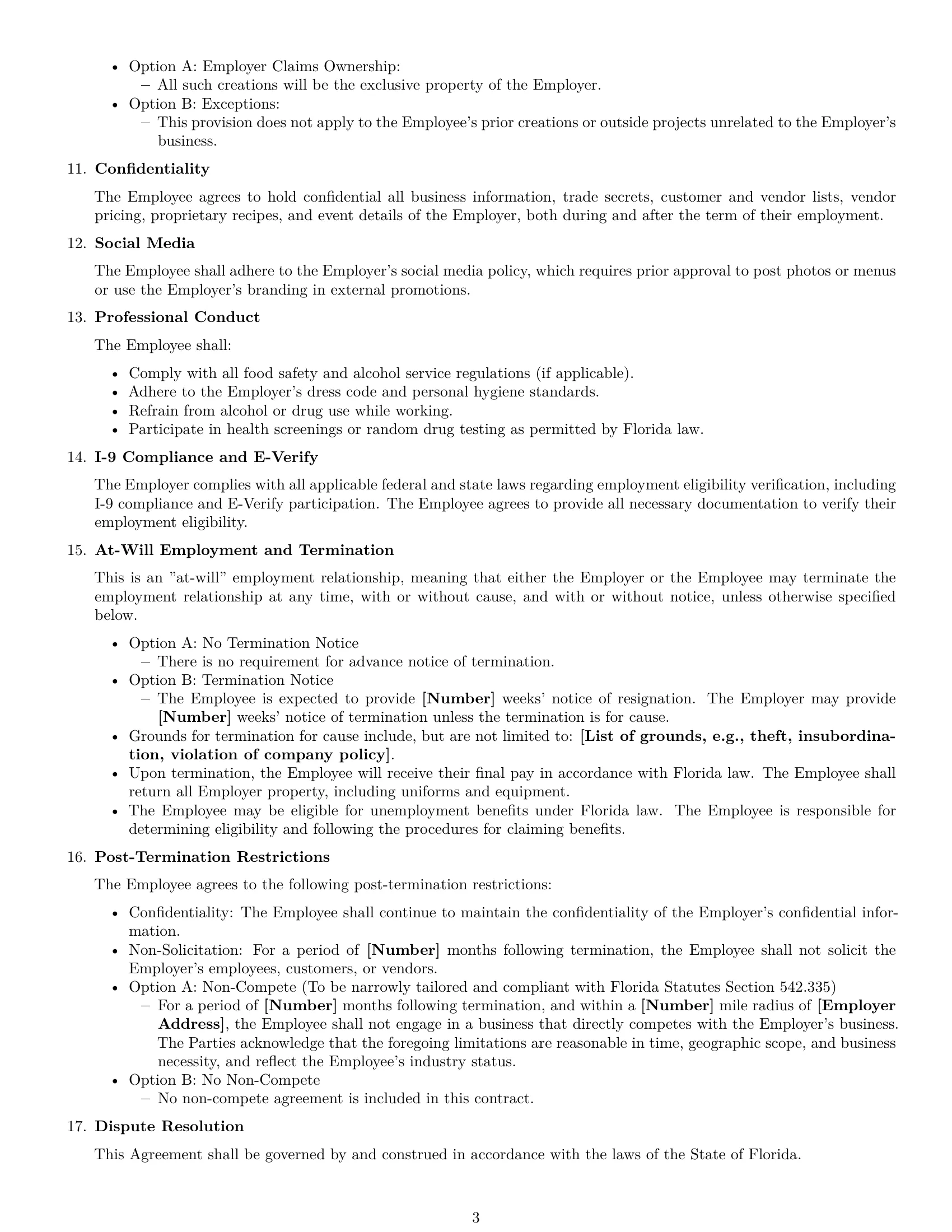 Preview page 3 of Free Florida chef employment contract template