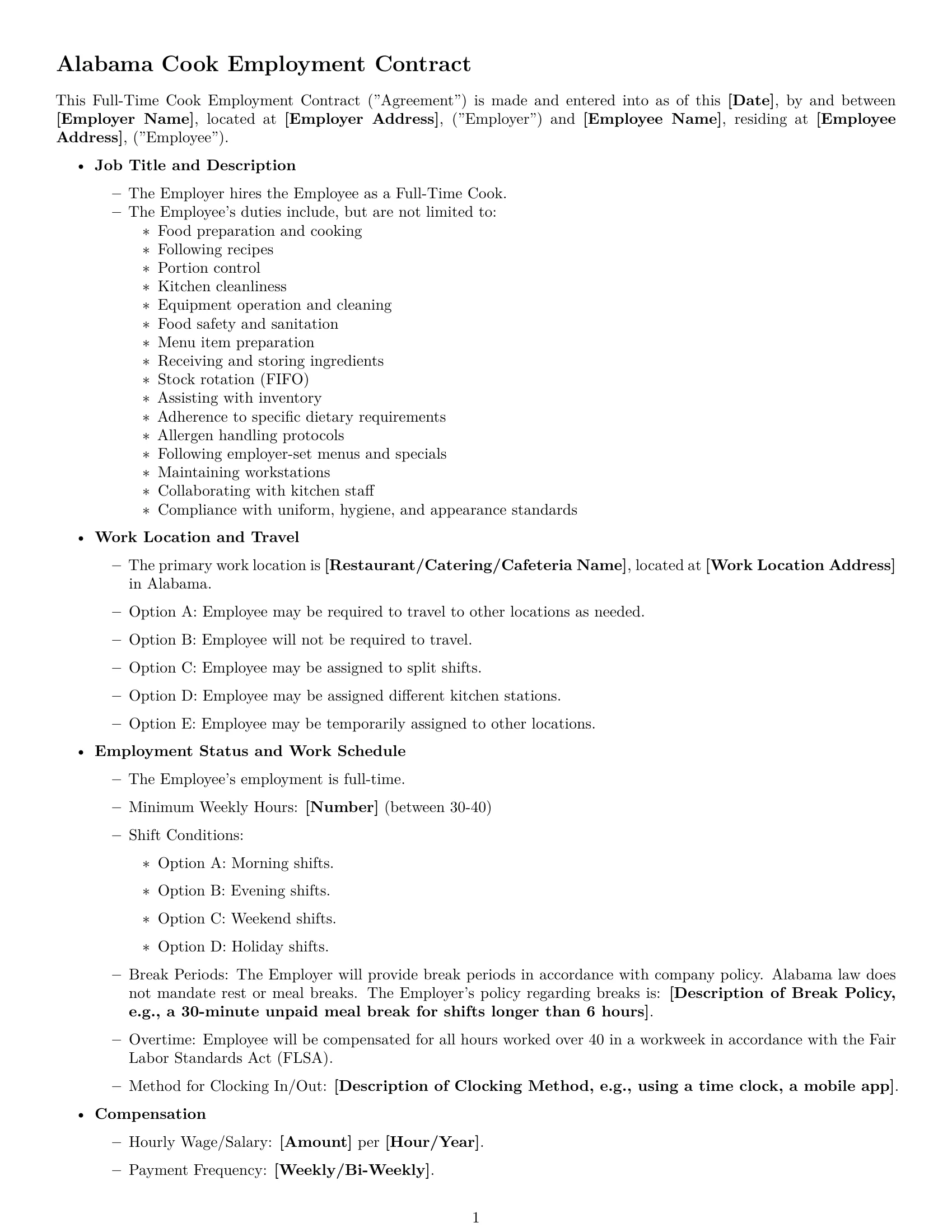 Preview page 1 of Free Alabama cook employment contract template