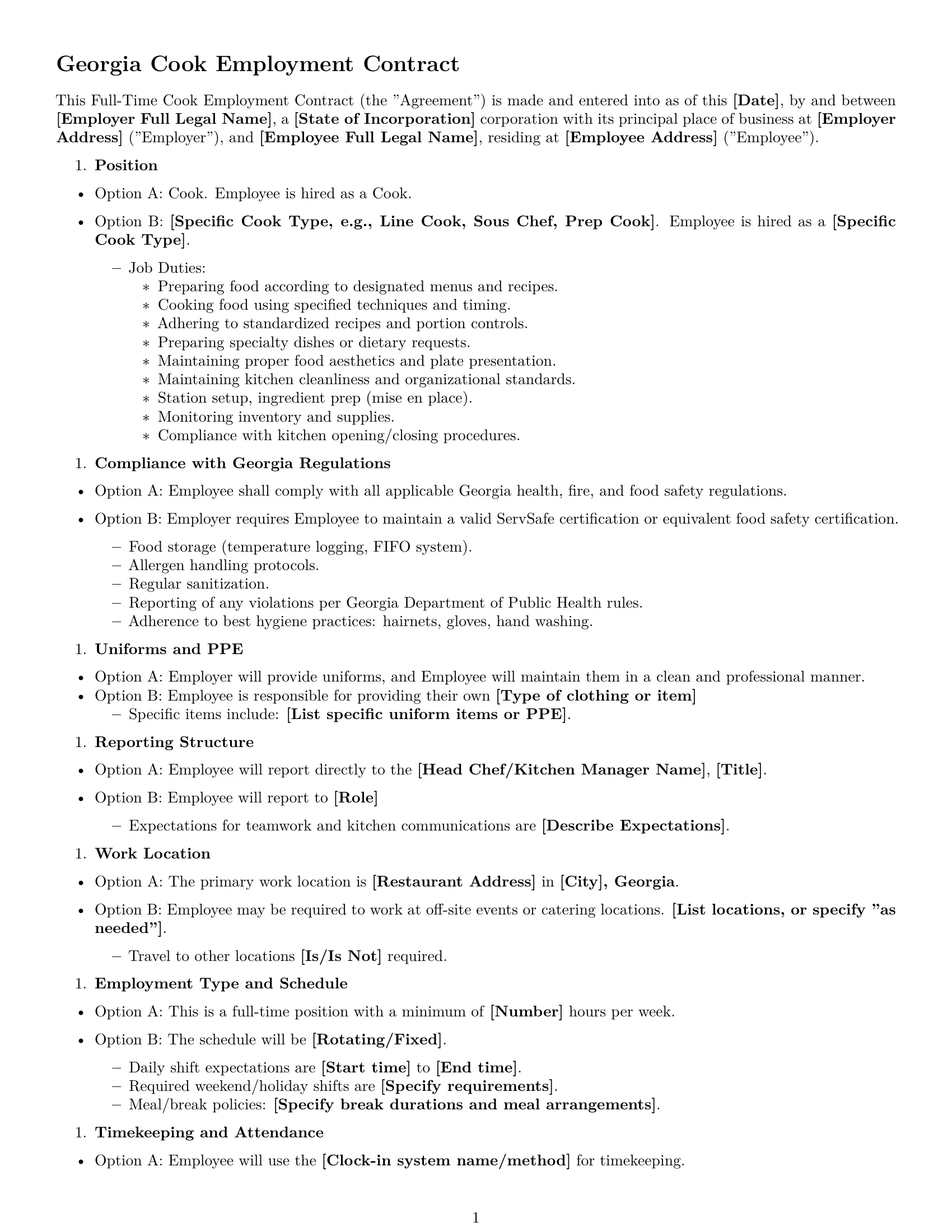 Preview page 1 of Free Georgia cook employment contract template