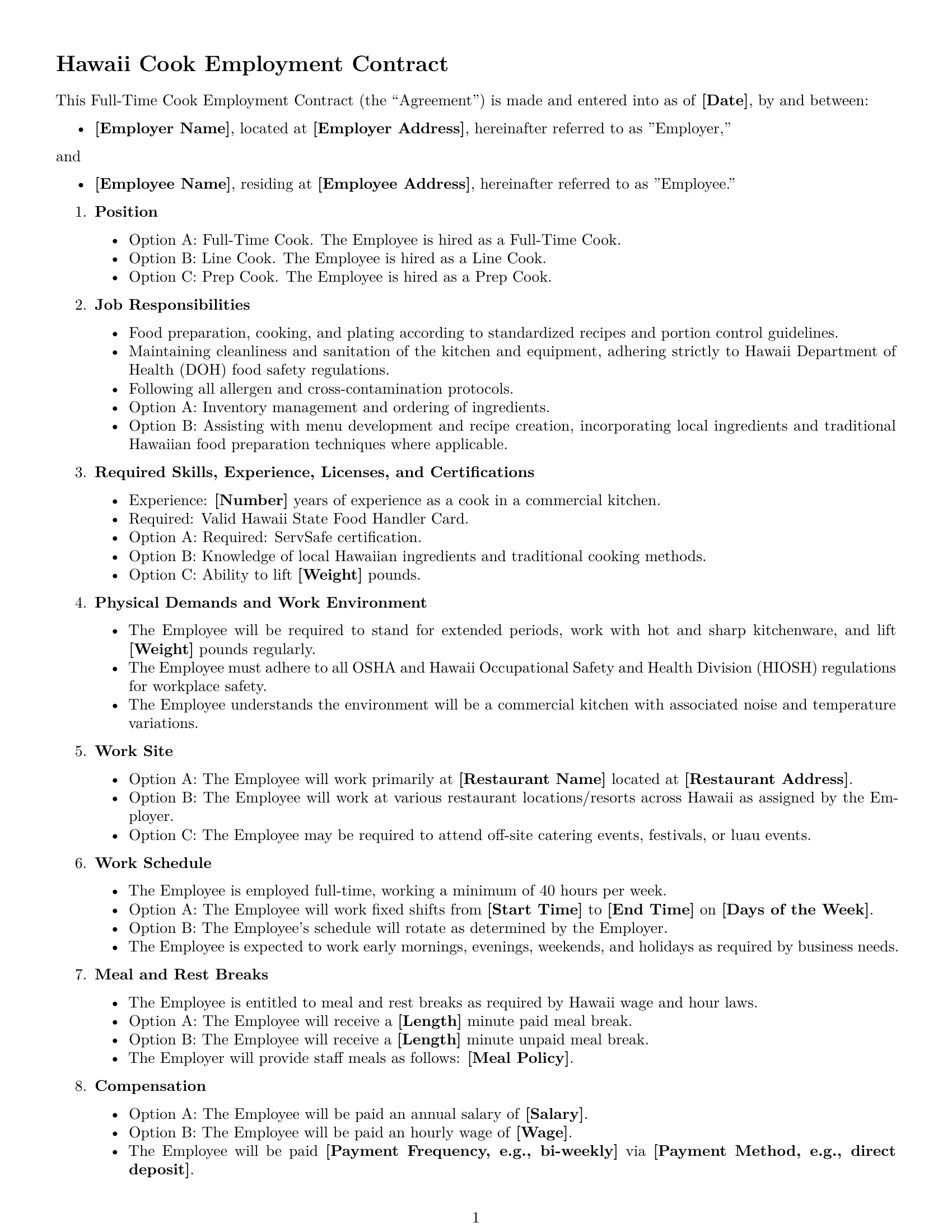 Preview page 1 of Free Hawaii cook employment contract template