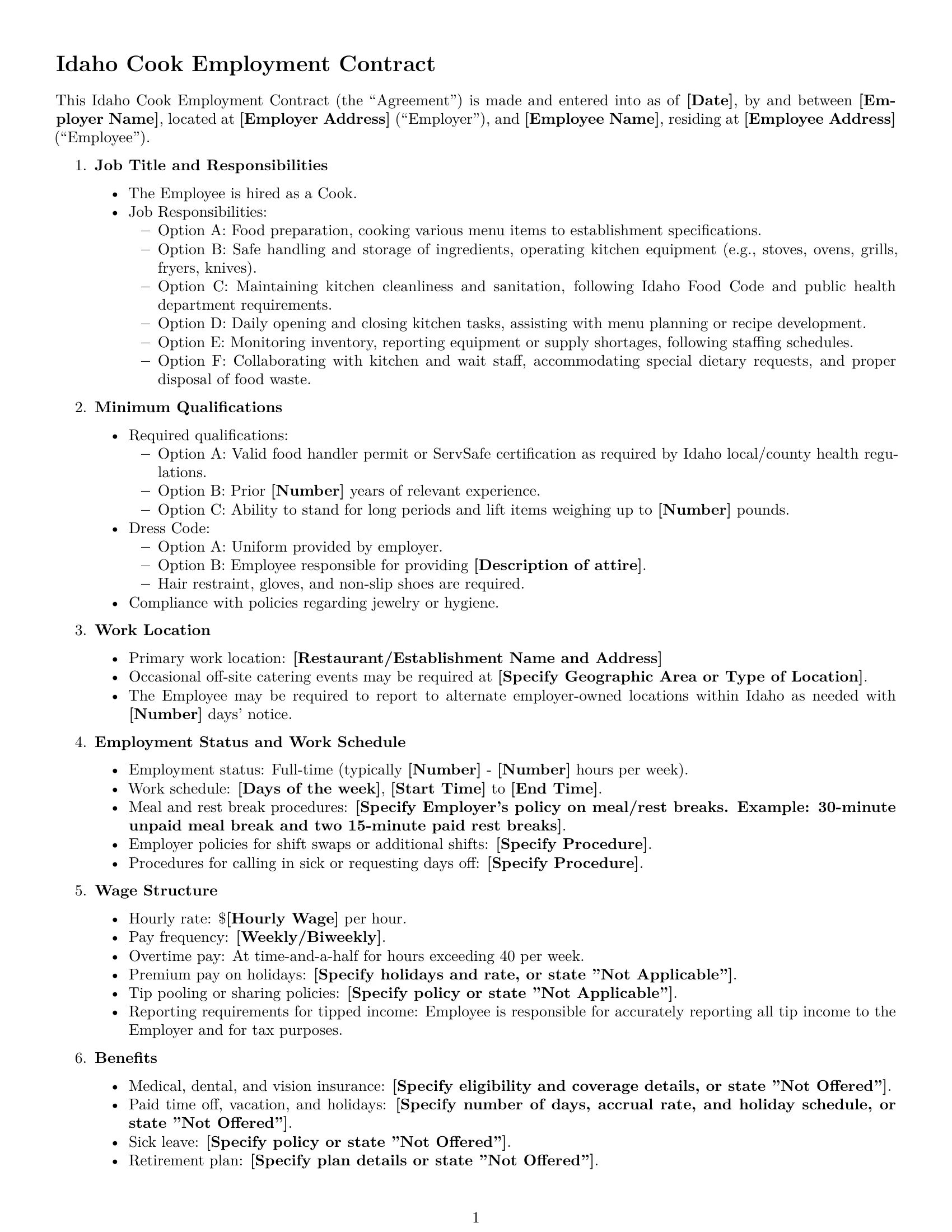 Preview page 1 of Free Idaho cook employment contract template