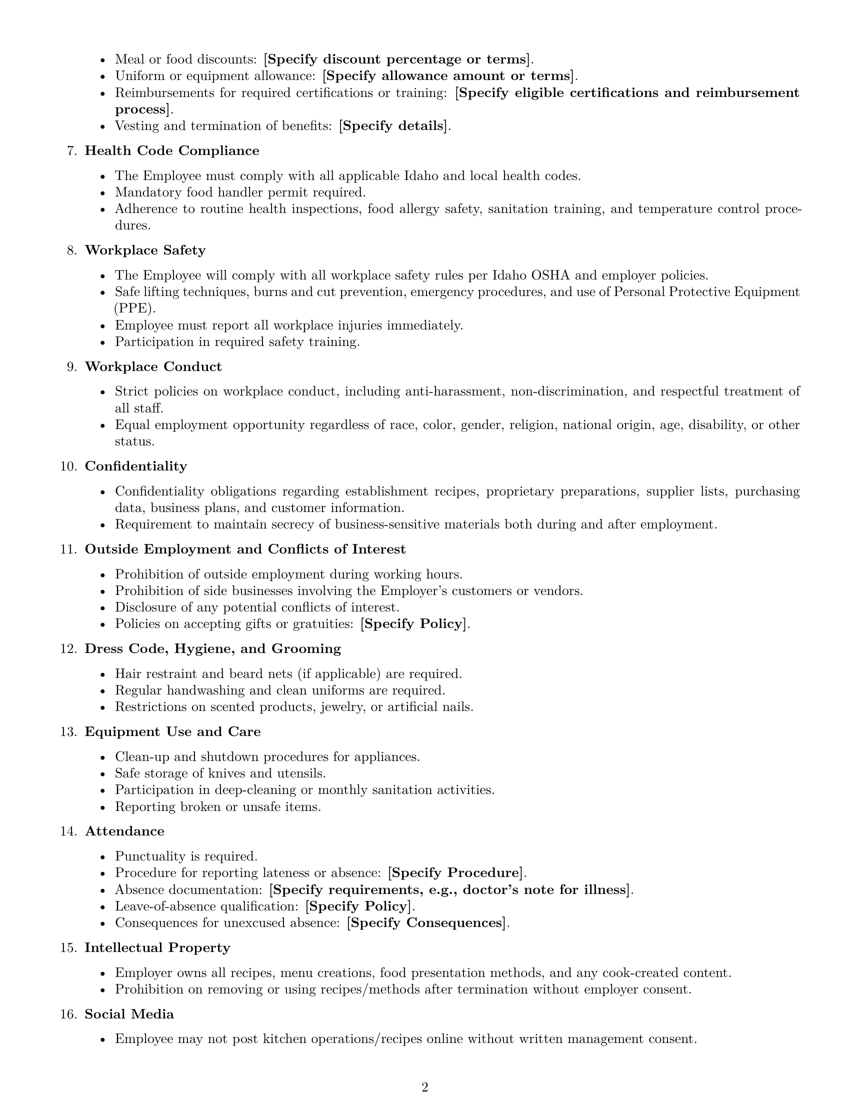 Preview page 2 of Free Idaho cook employment contract template
