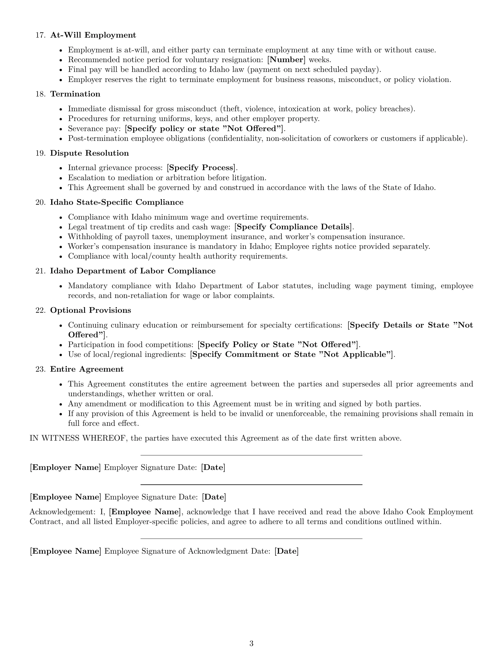 Preview page 3 of Free Idaho cook employment contract template