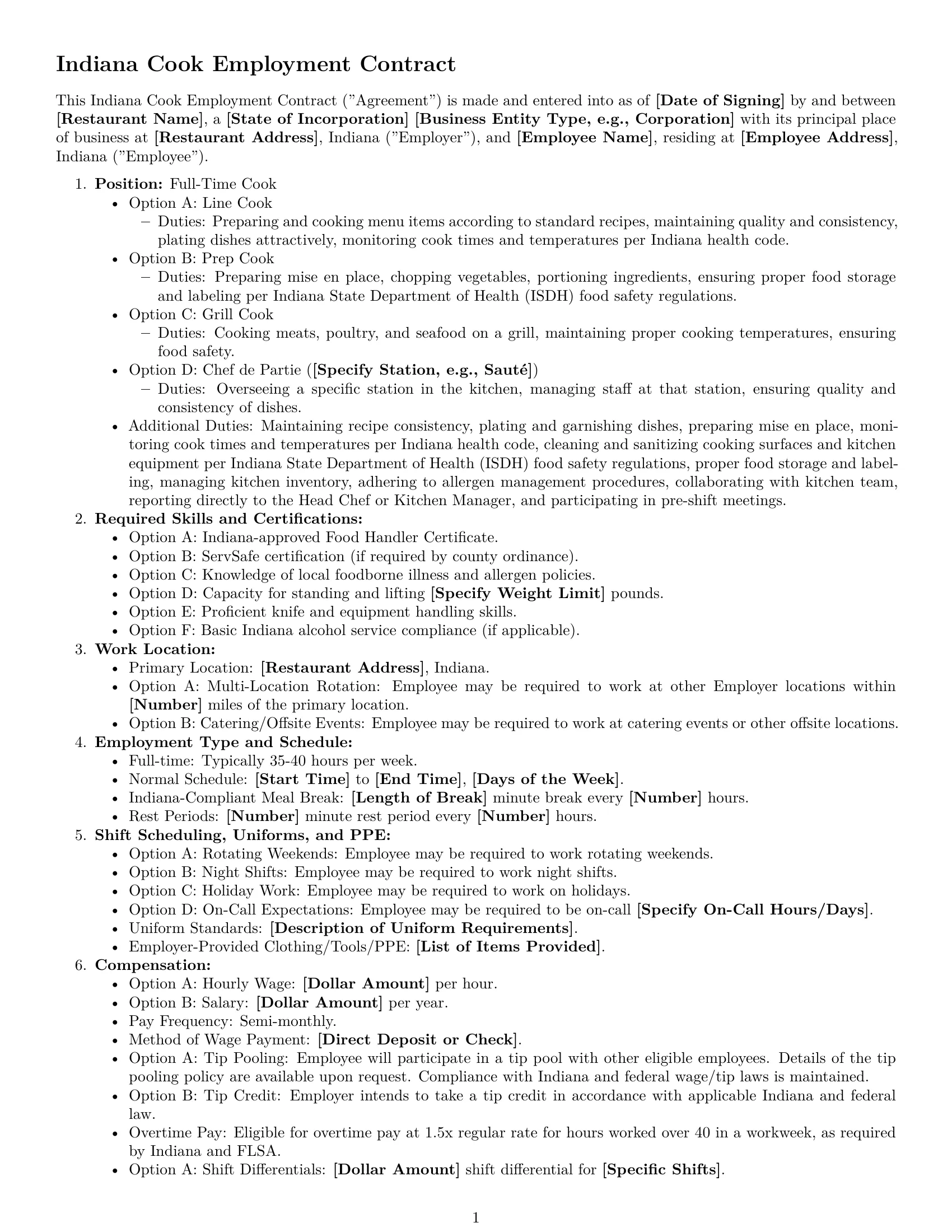 Preview page 1 of Free Indiana cook employment contract template