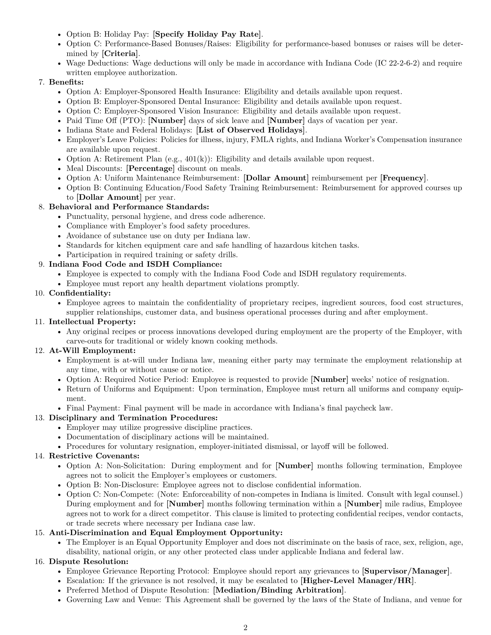 Preview page 2 of Free Indiana cook employment contract template