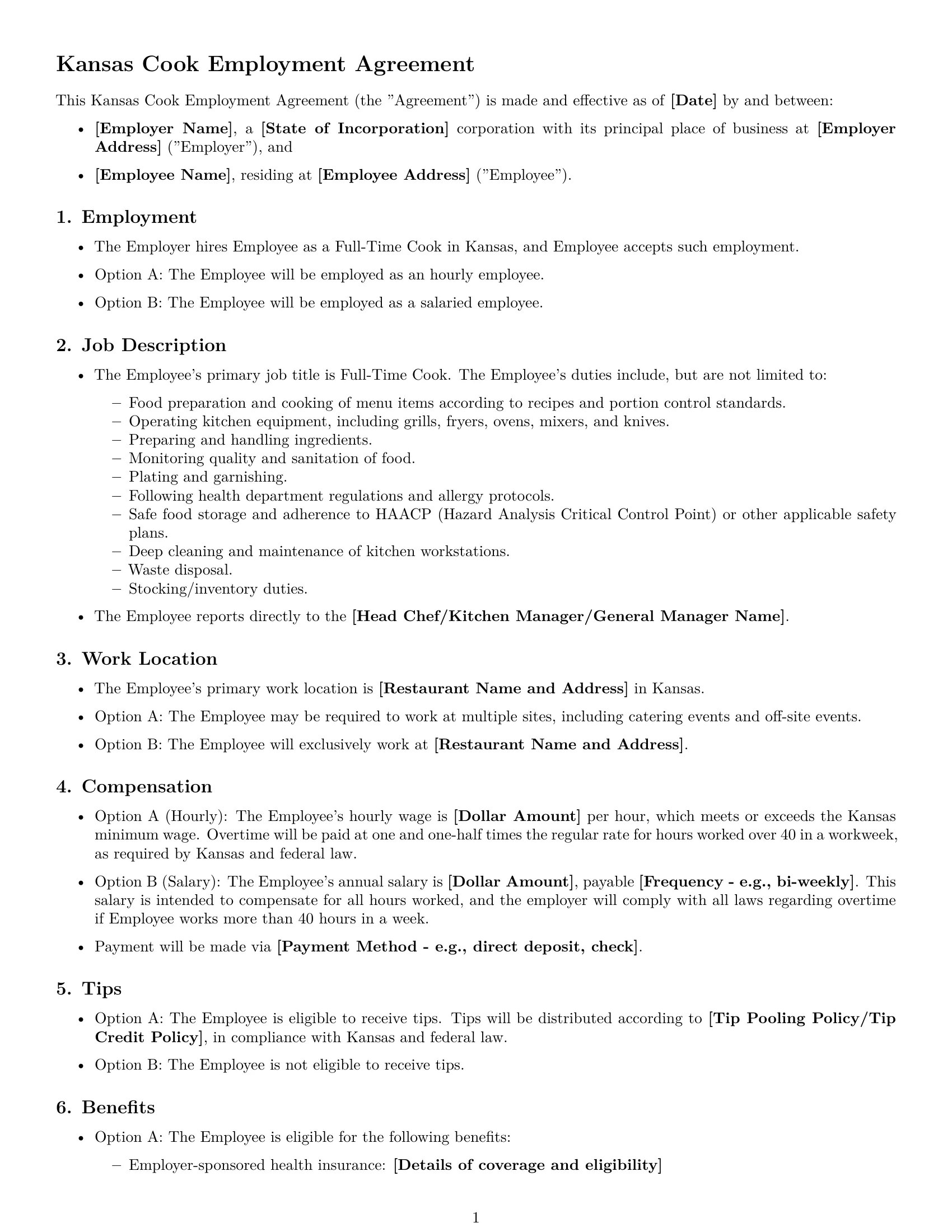 Preview page 1 of Free Kansas cook employment contract template