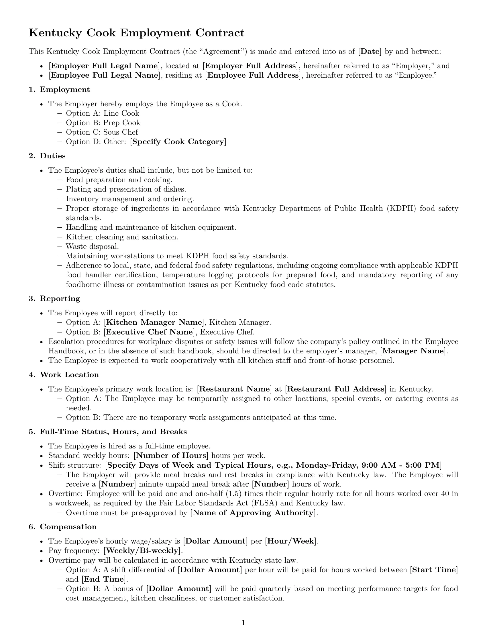 Preview page 1 of Free Kentucky cook employment contract template
