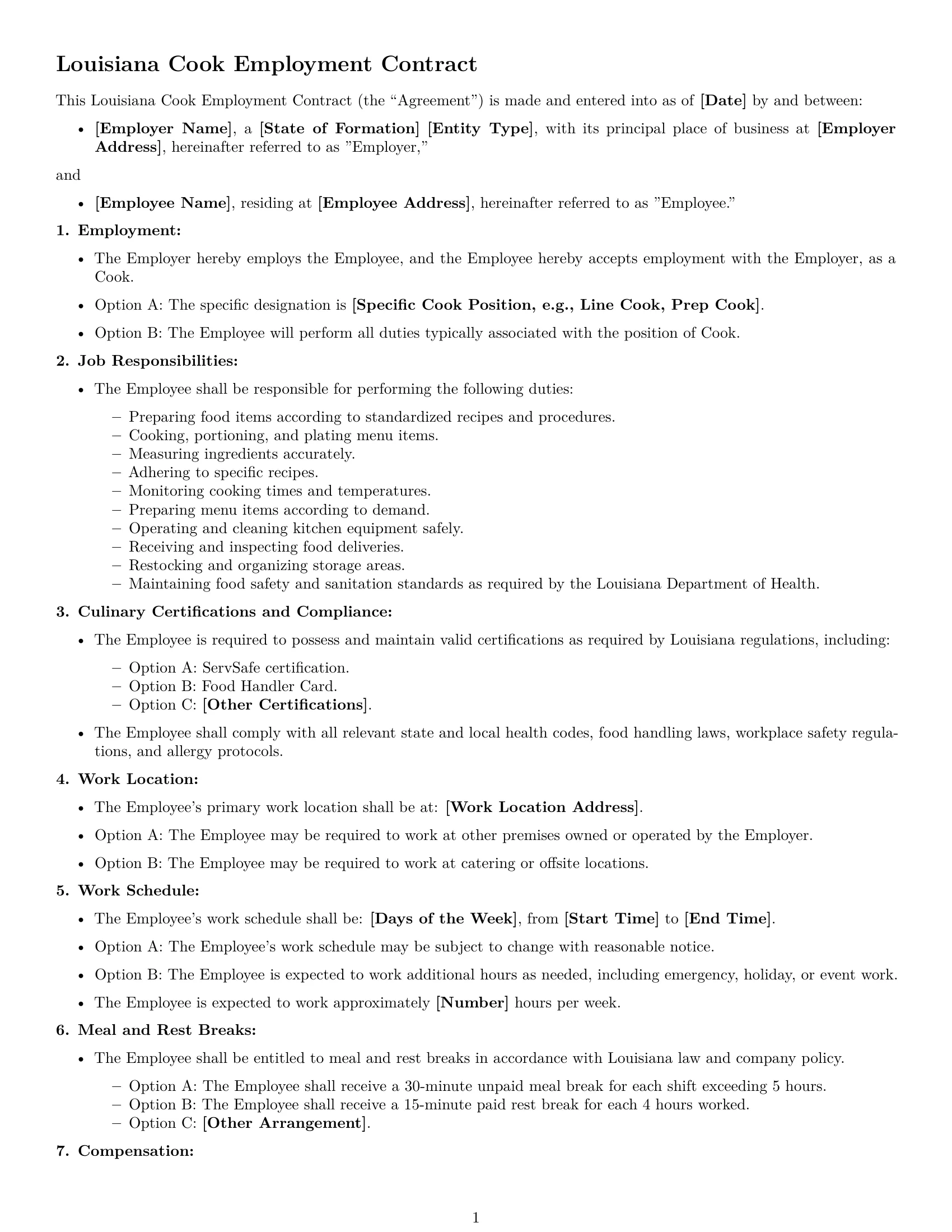 Preview page 1 of Free Louisiana cook employment contract template