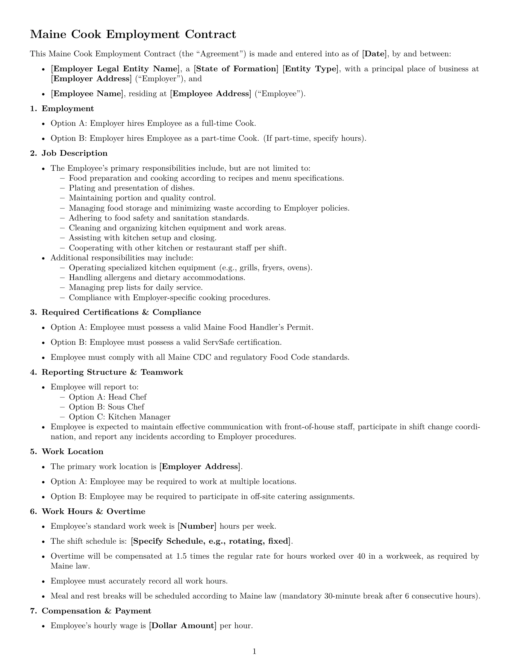Preview page 1 of Free Maine cook employment contract template