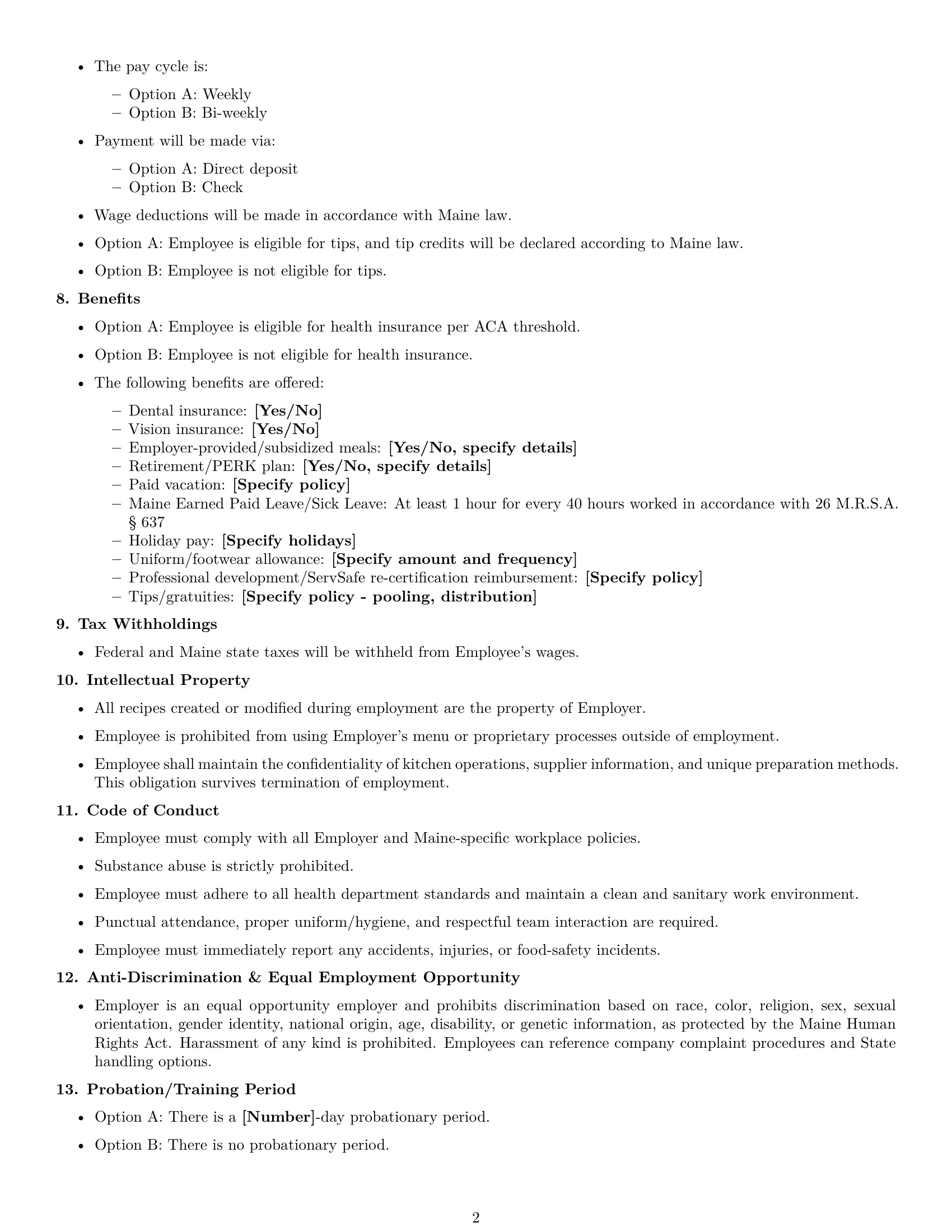 Preview page 2 of Free Maine cook employment contract template