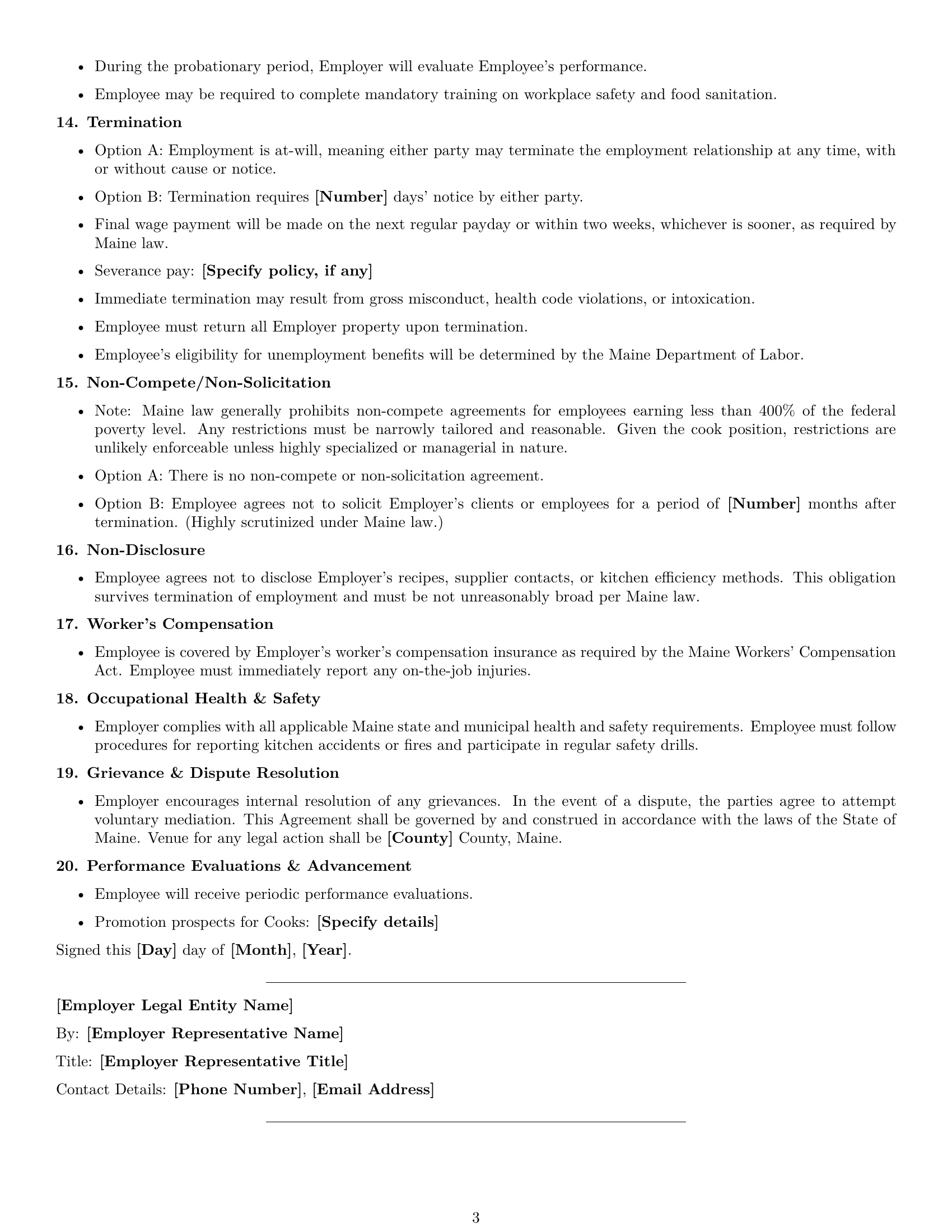 Preview page 3 of Free Maine cook employment contract template