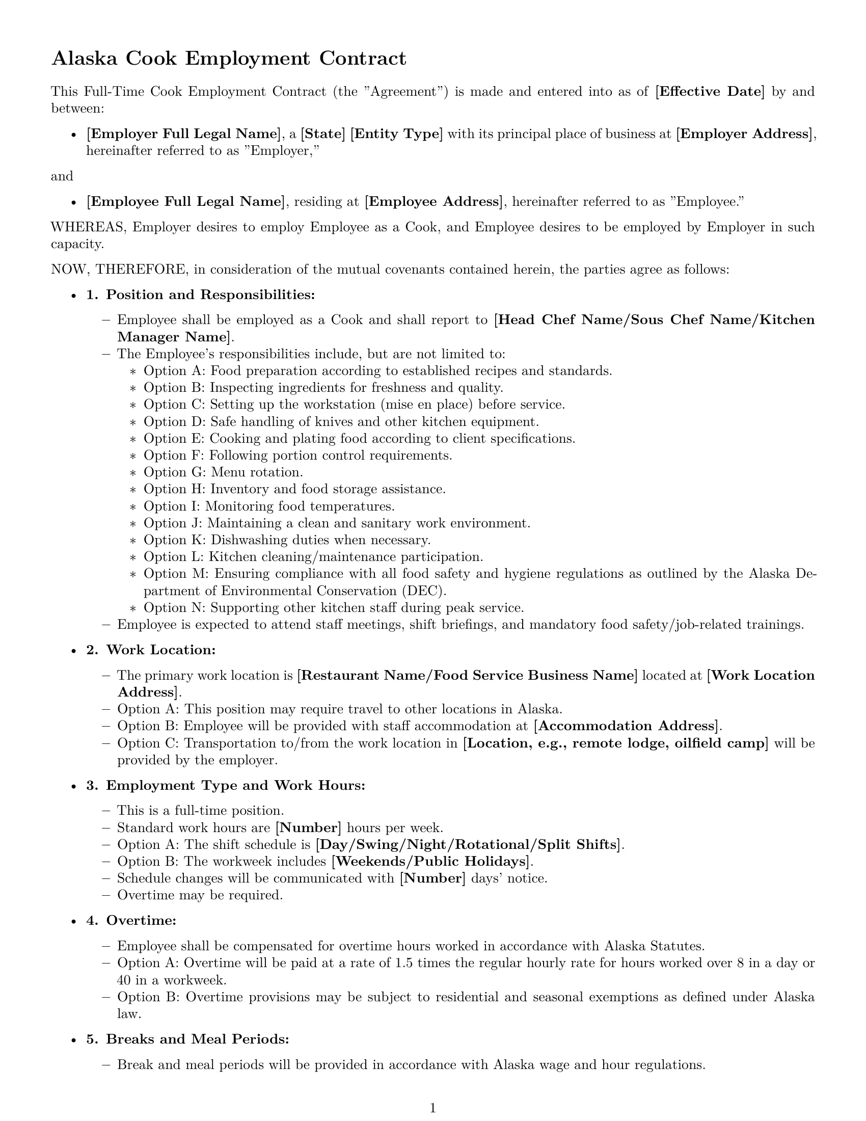 Preview page 1 of Free Alaska cook employment contract template