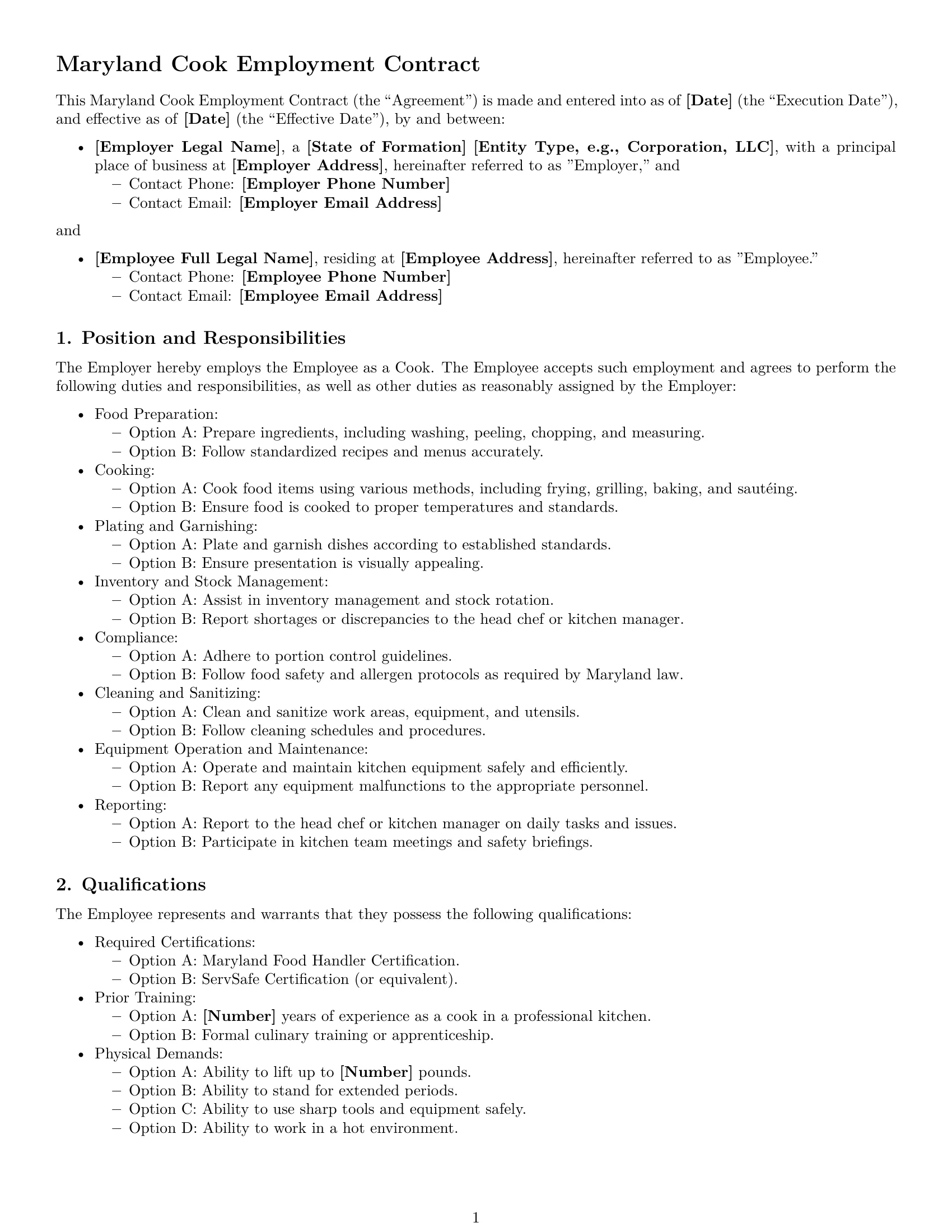 Preview page 1 of Free Maryland cook employment contract template