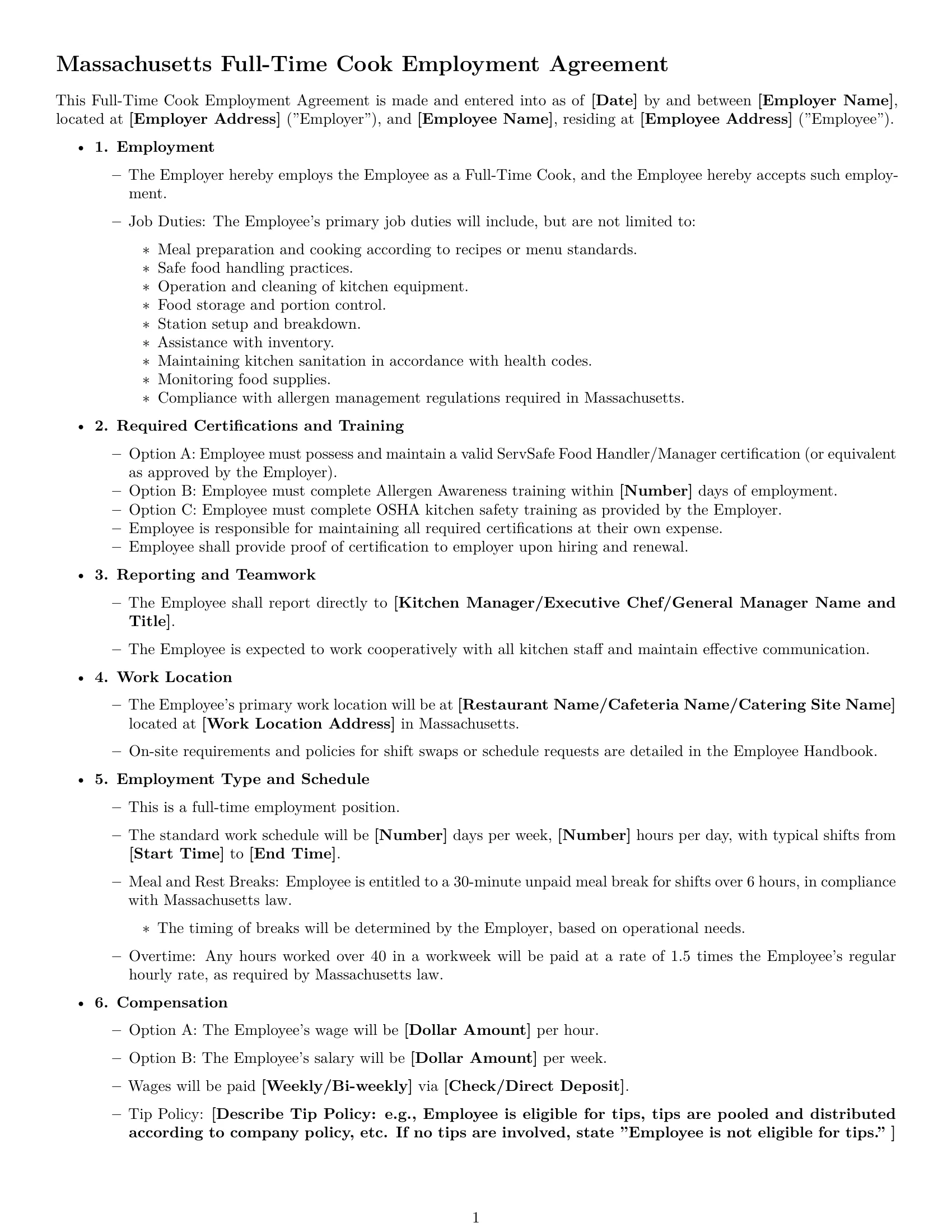 Preview page 1 of Free Massachusetts cook employment contract template