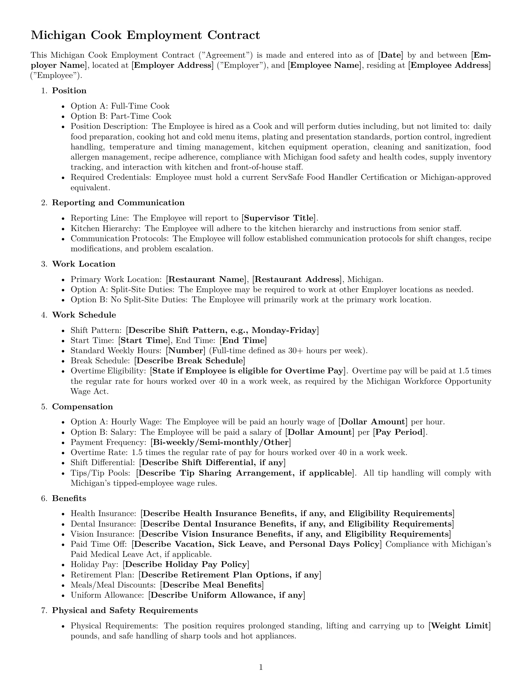 Preview page 1 of Free Michigan cook employment contract template