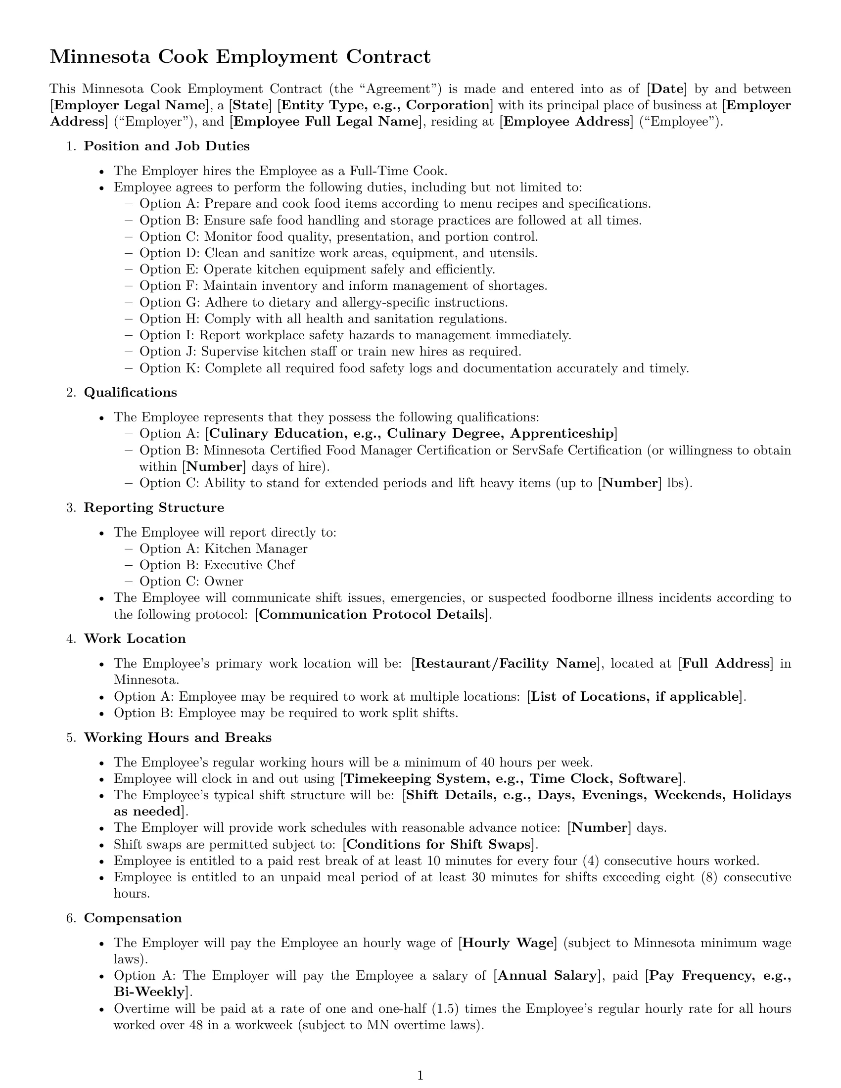 Preview page 1 of Free Minnesota cook employment contract template