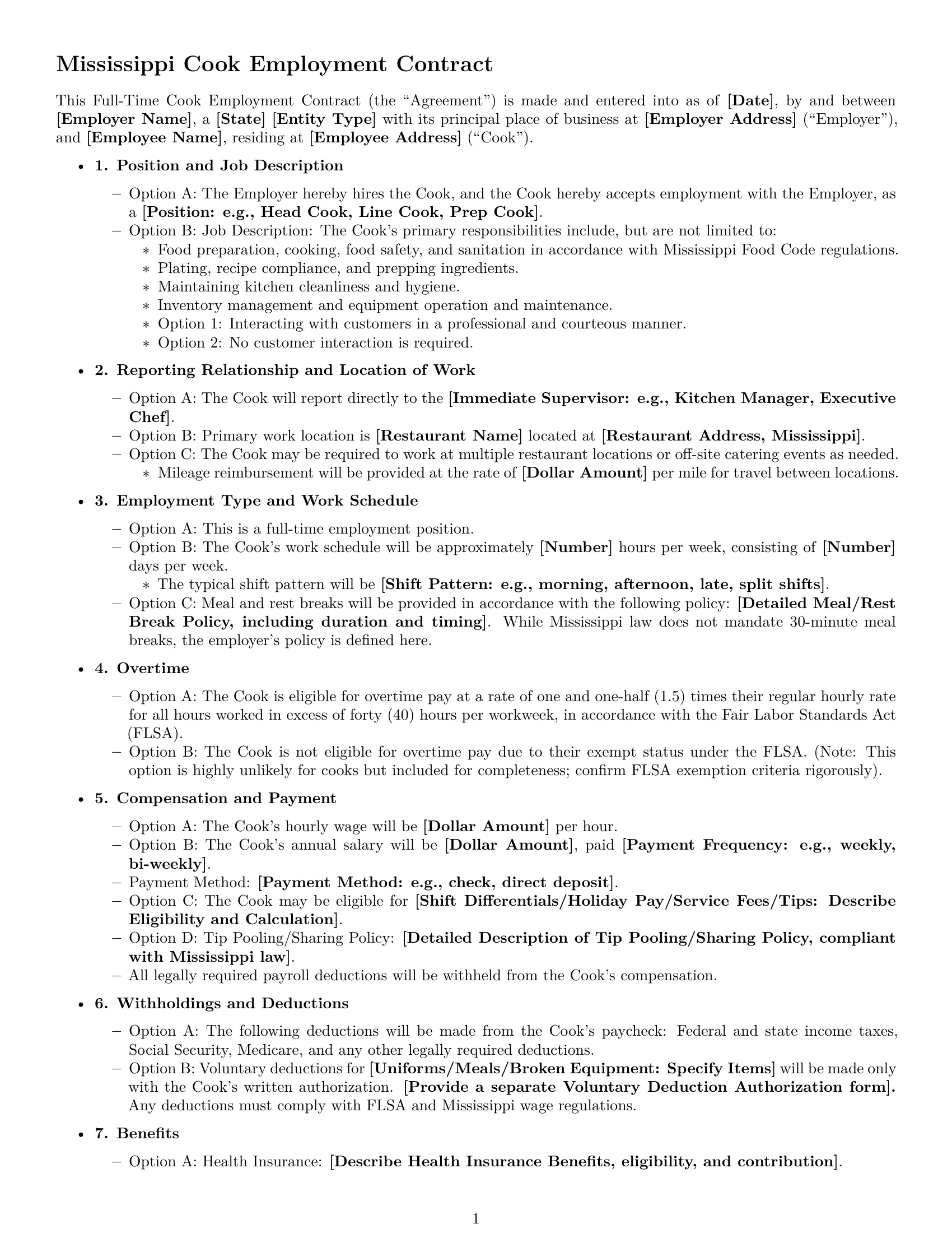 Preview page 1 of Free Mississippi cook employment contract template
