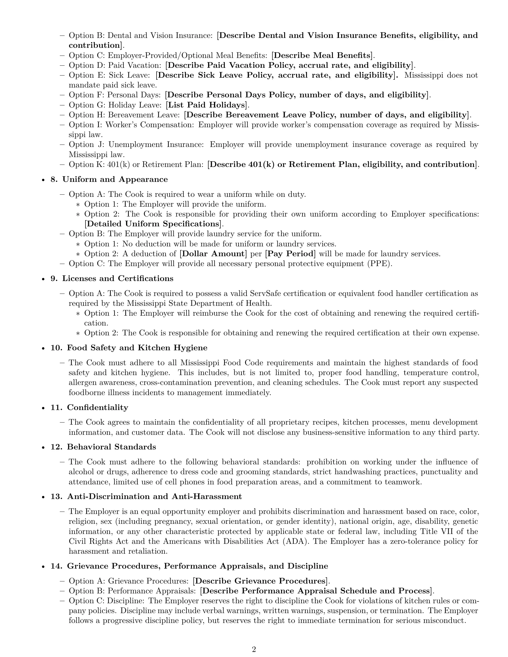 Preview page 2 of Free Mississippi cook employment contract template