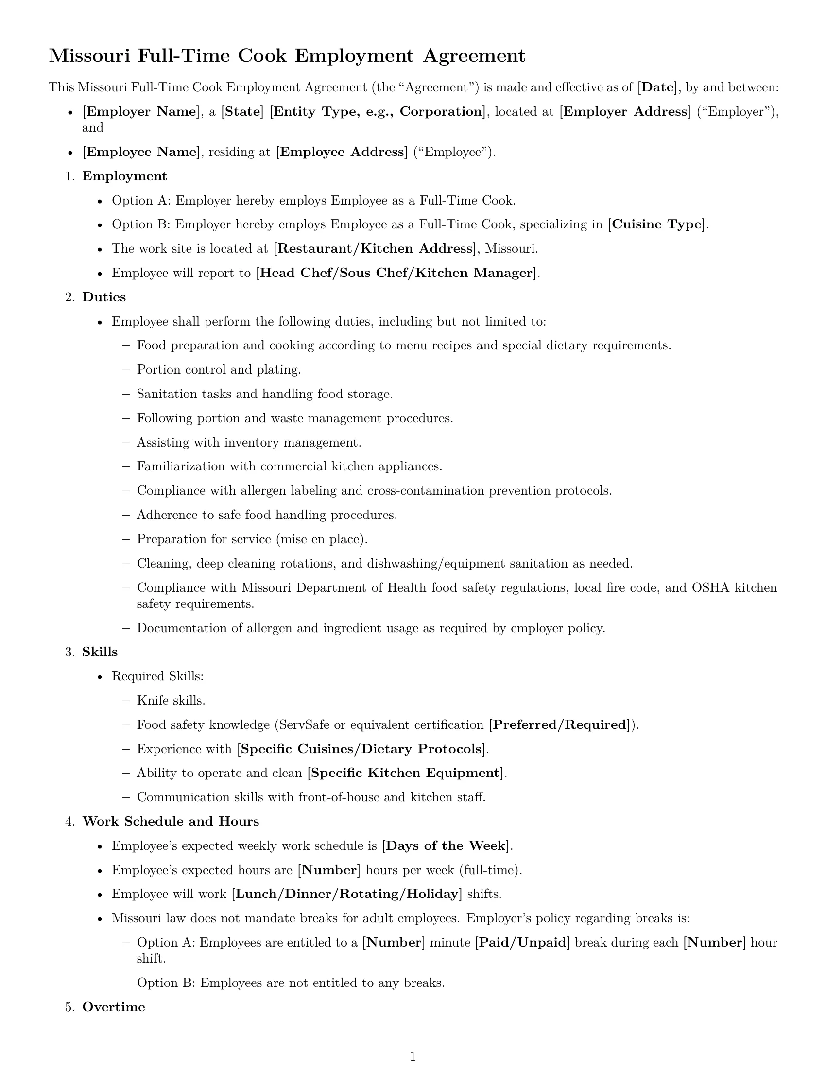 Preview page 1 of Free Missouri cook employment contract template