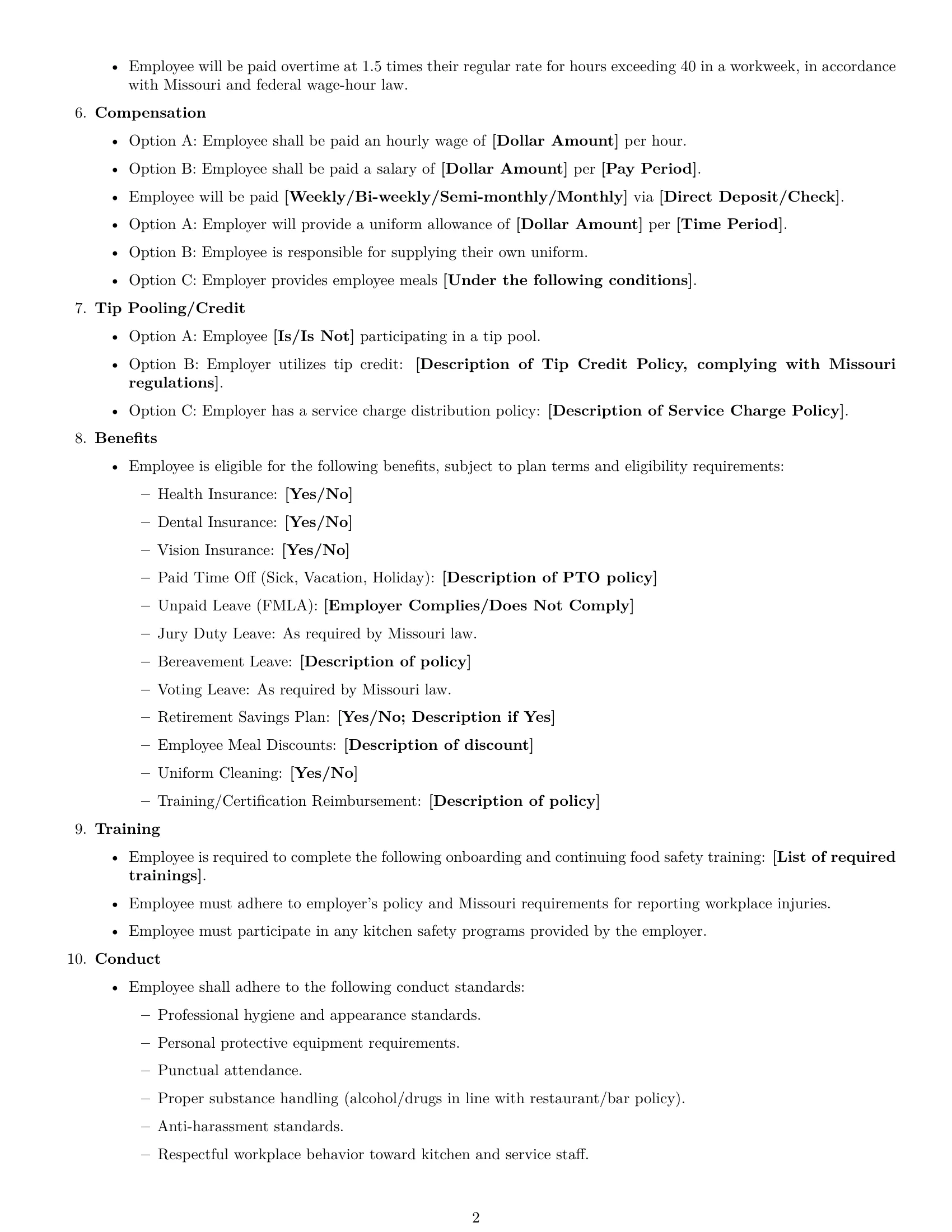 Preview page 2 of Free Missouri cook employment contract template