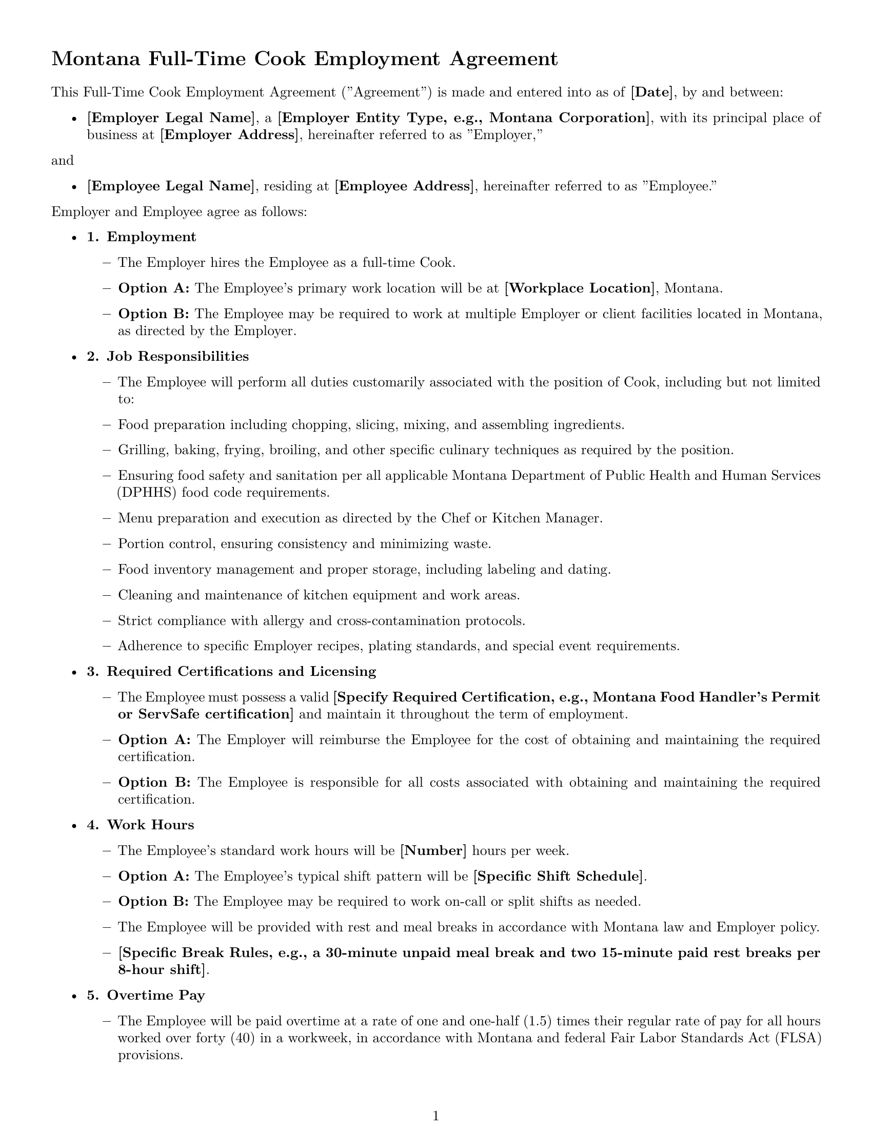 Preview page 1 of Free Montana cook employment contract template