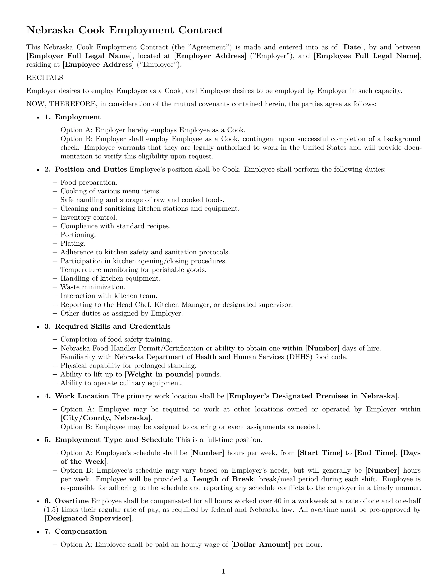 Preview page 1 of Free Nebraska cook employment contract template