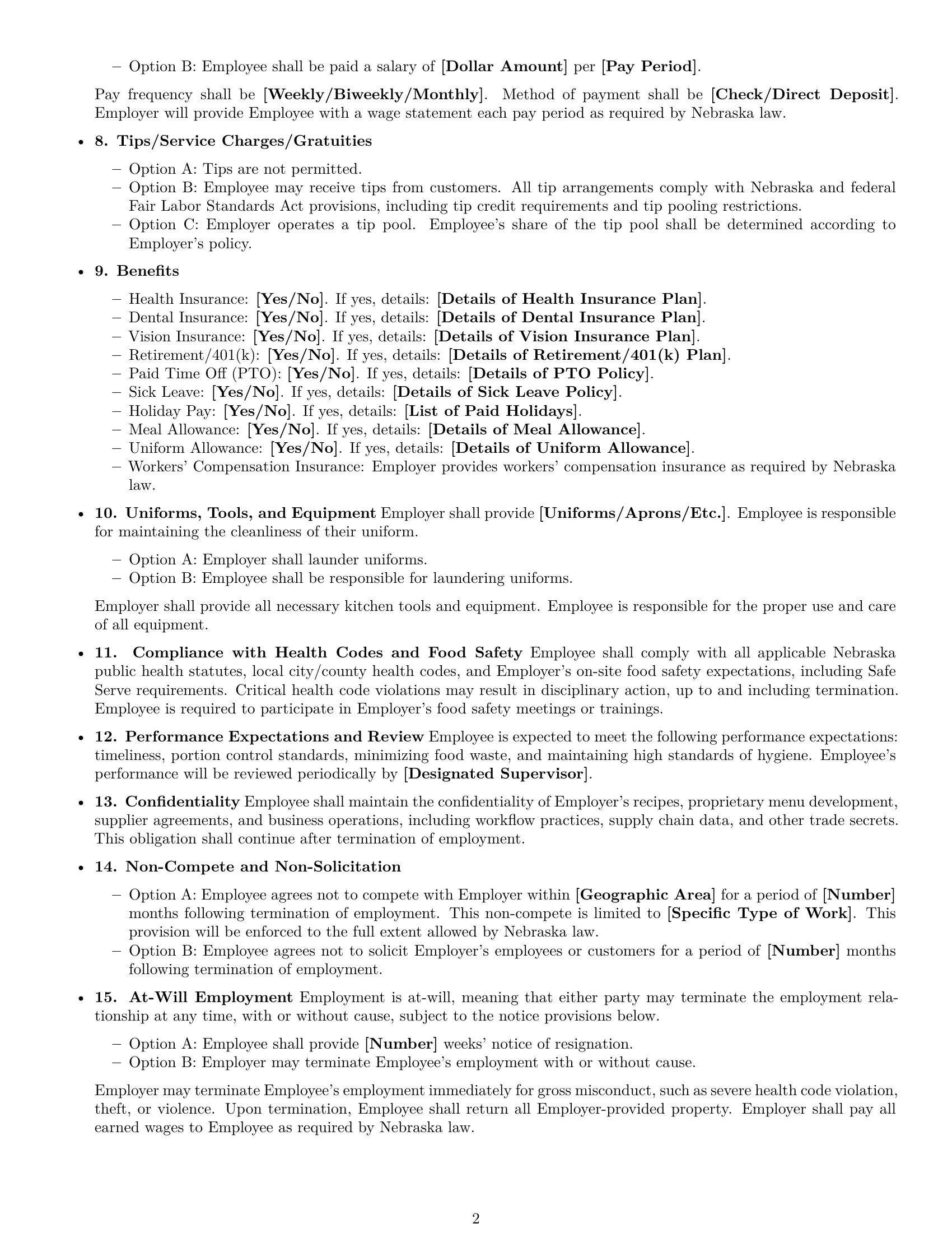 Preview page 2 of Free Nebraska cook employment contract template