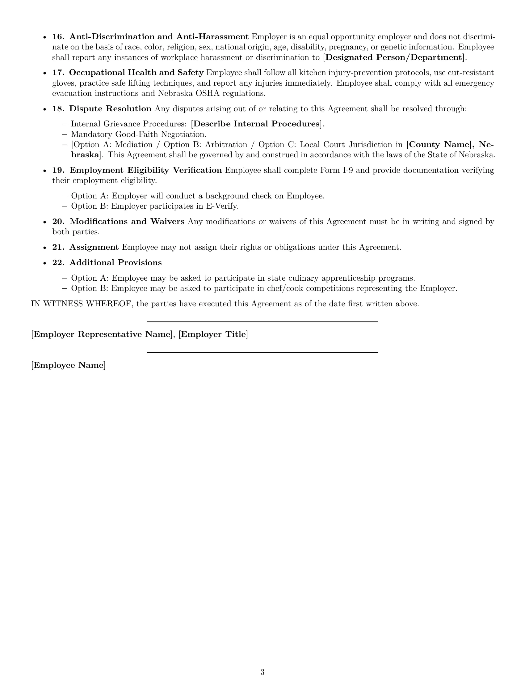 Preview page 3 of Free Nebraska cook employment contract template