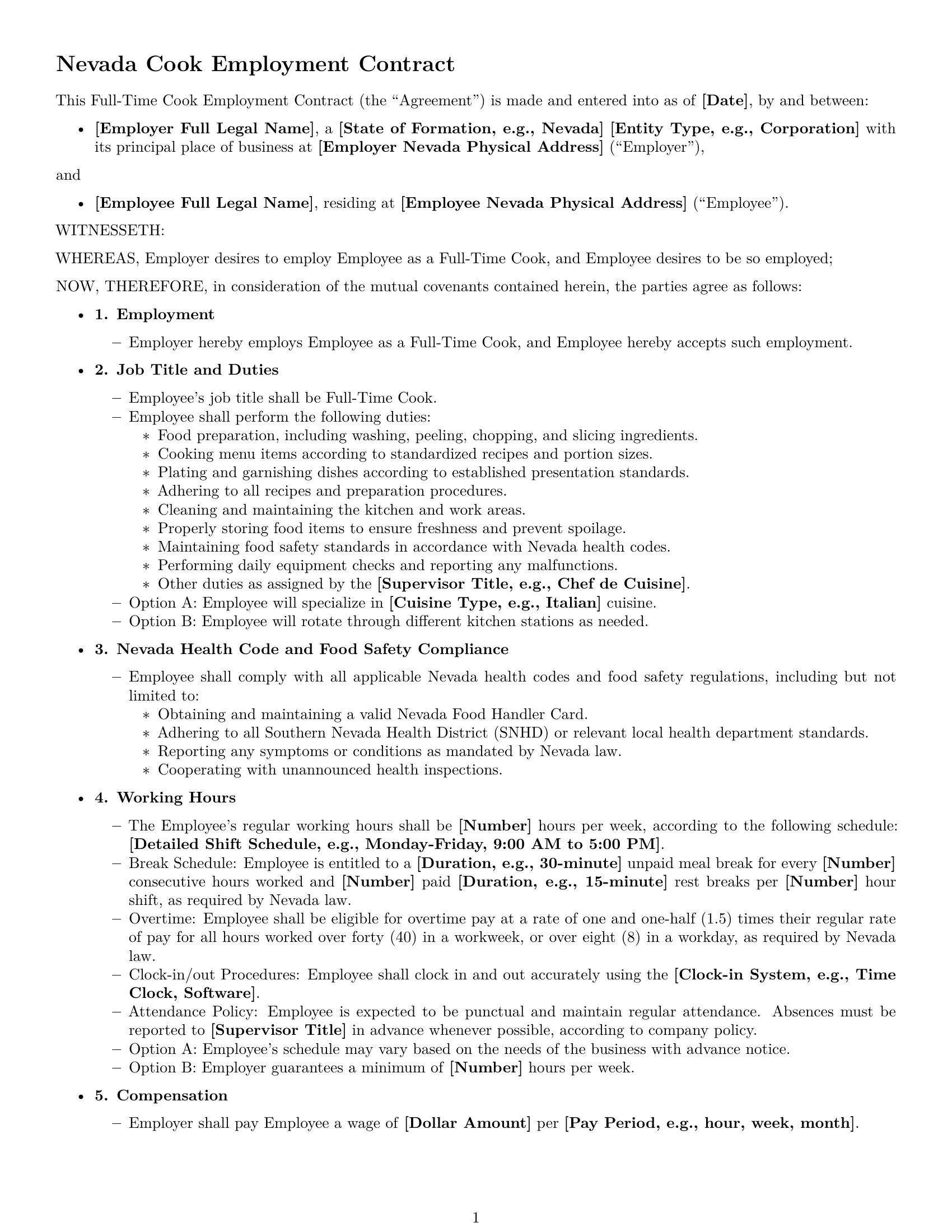 Preview page 1 of Free Nevada cook employment contract template