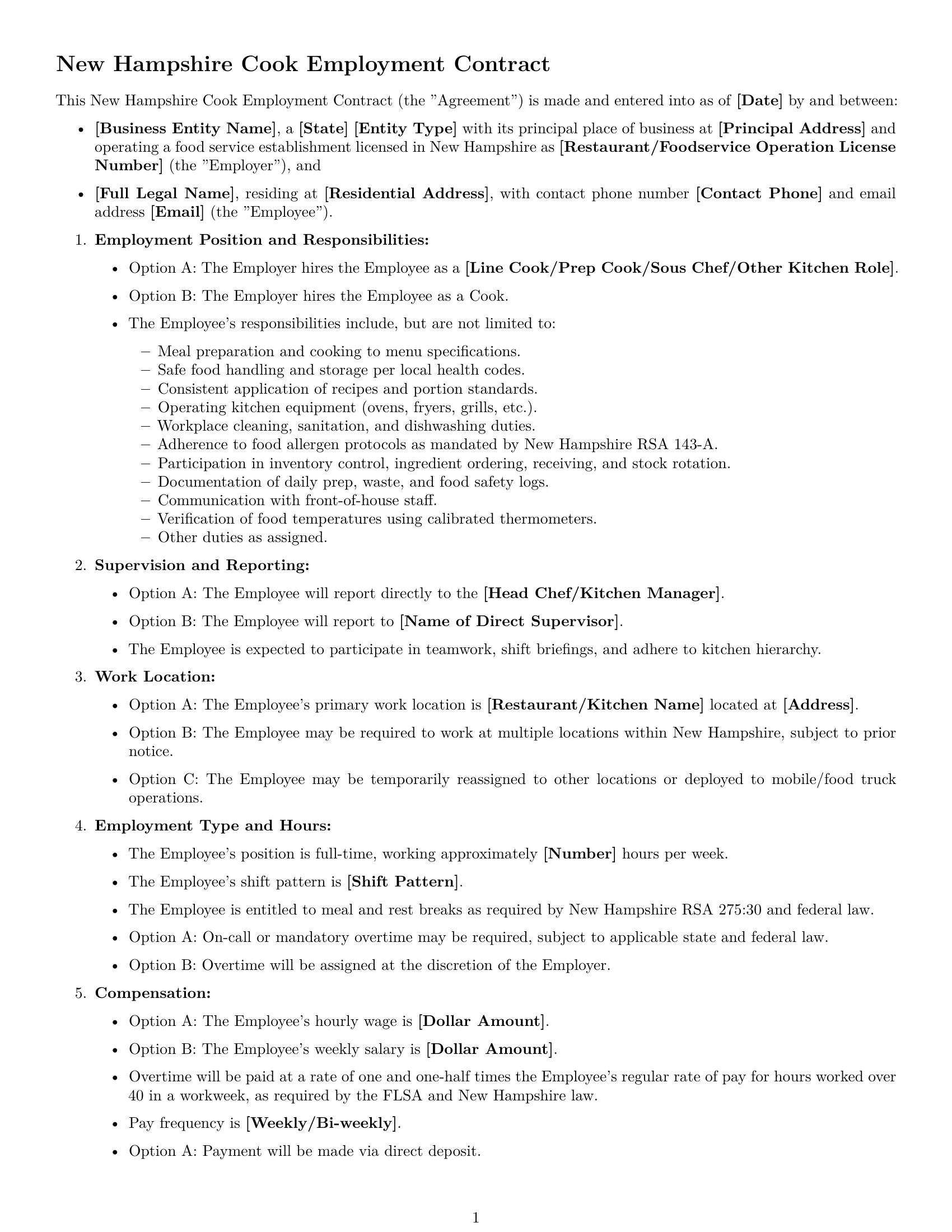 Preview page 1 of Free New Hampshire cook employment contract template