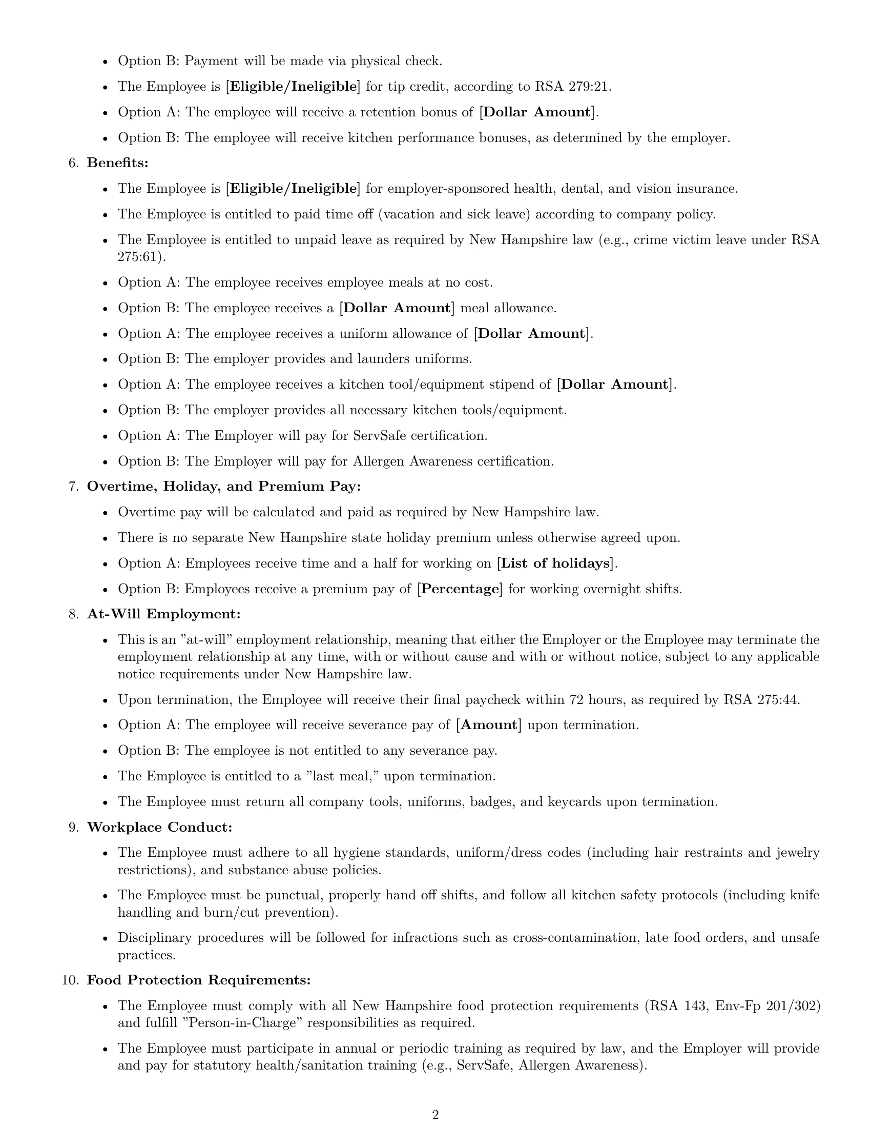 Preview page 2 of Free New Hampshire cook employment contract template