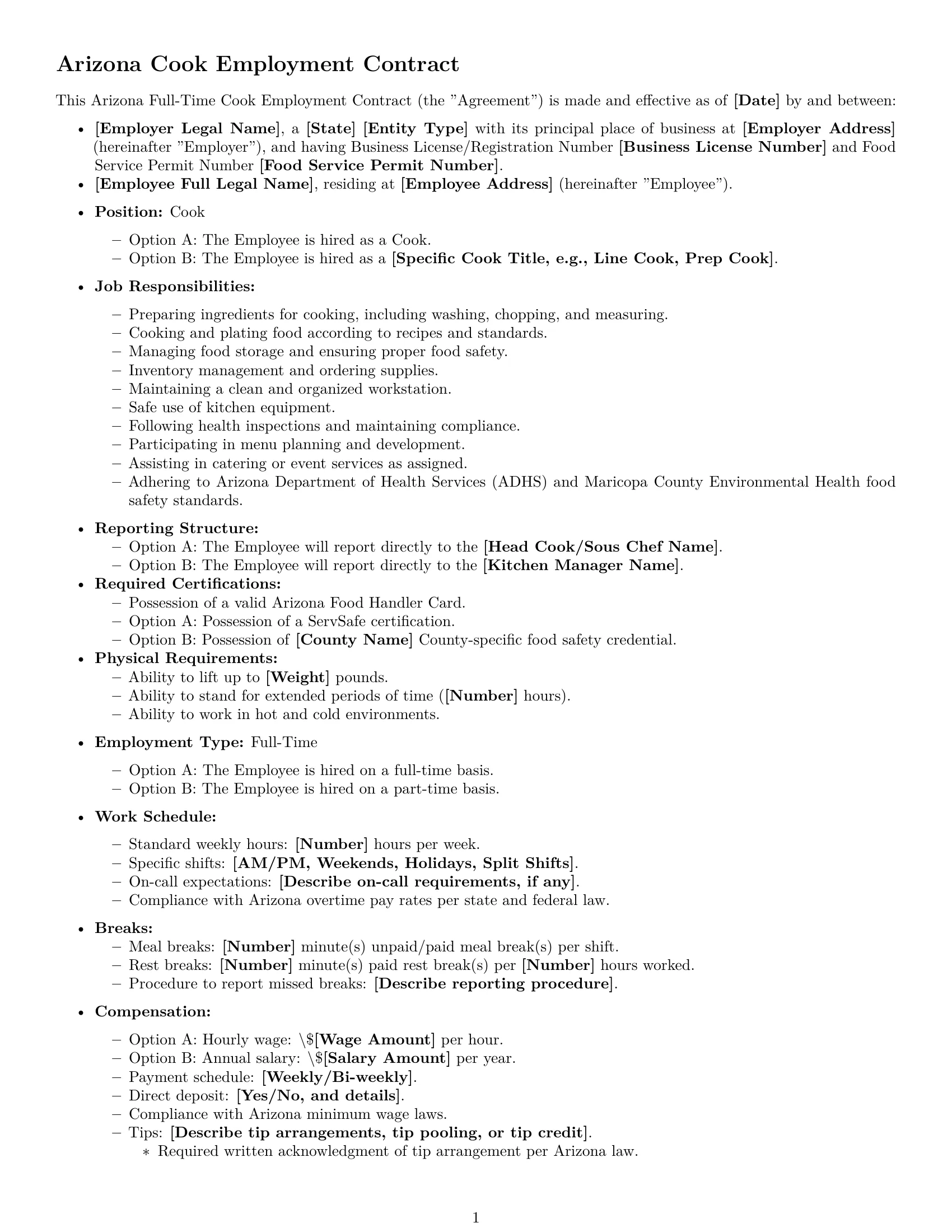 Preview page 1 of Free Arizona cook employment contract template