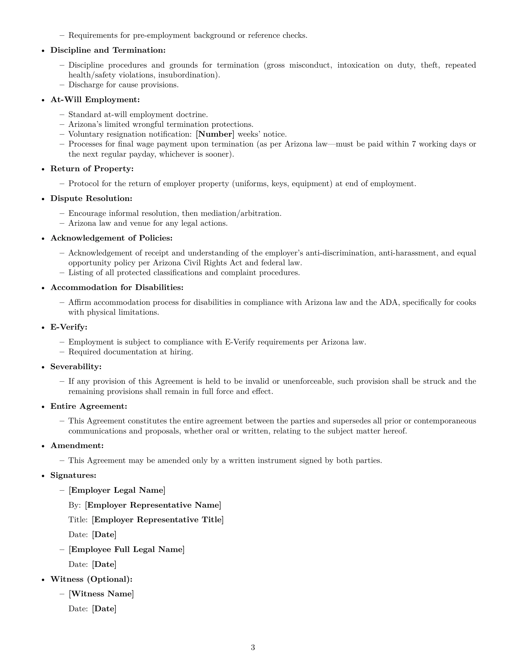 Preview page 3 of Free Arizona cook employment contract template