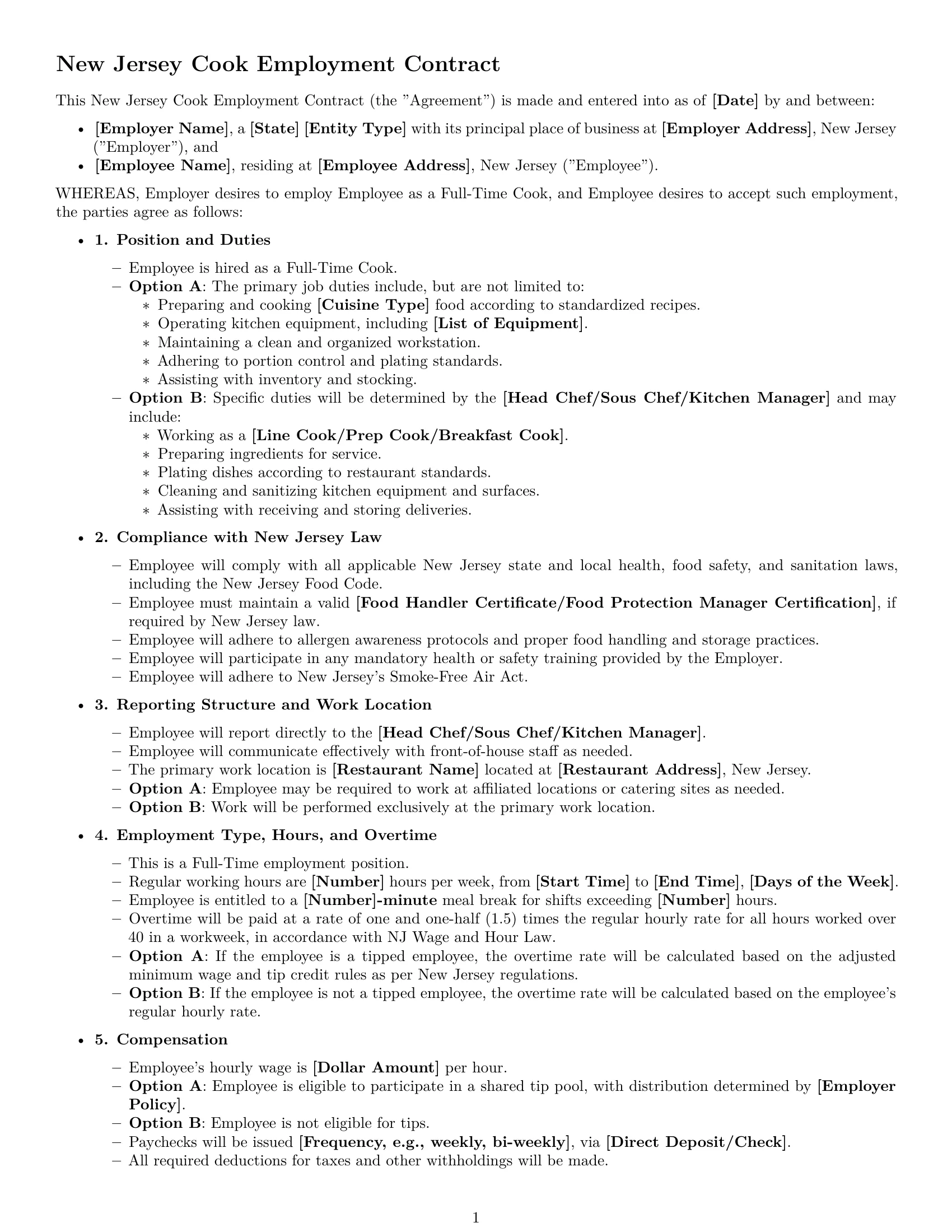 Preview page 1 of Free New Jersey cook employment contract template