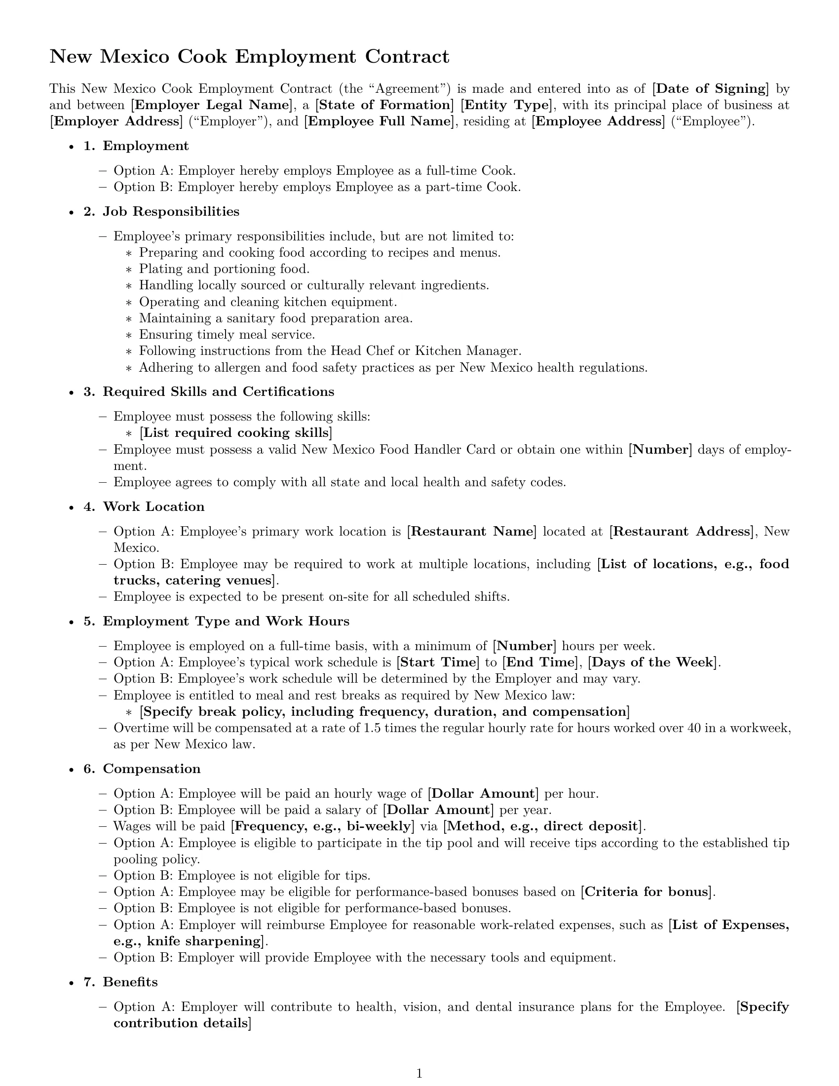 Preview page 1 of Free New Mexico cook employment contract template
