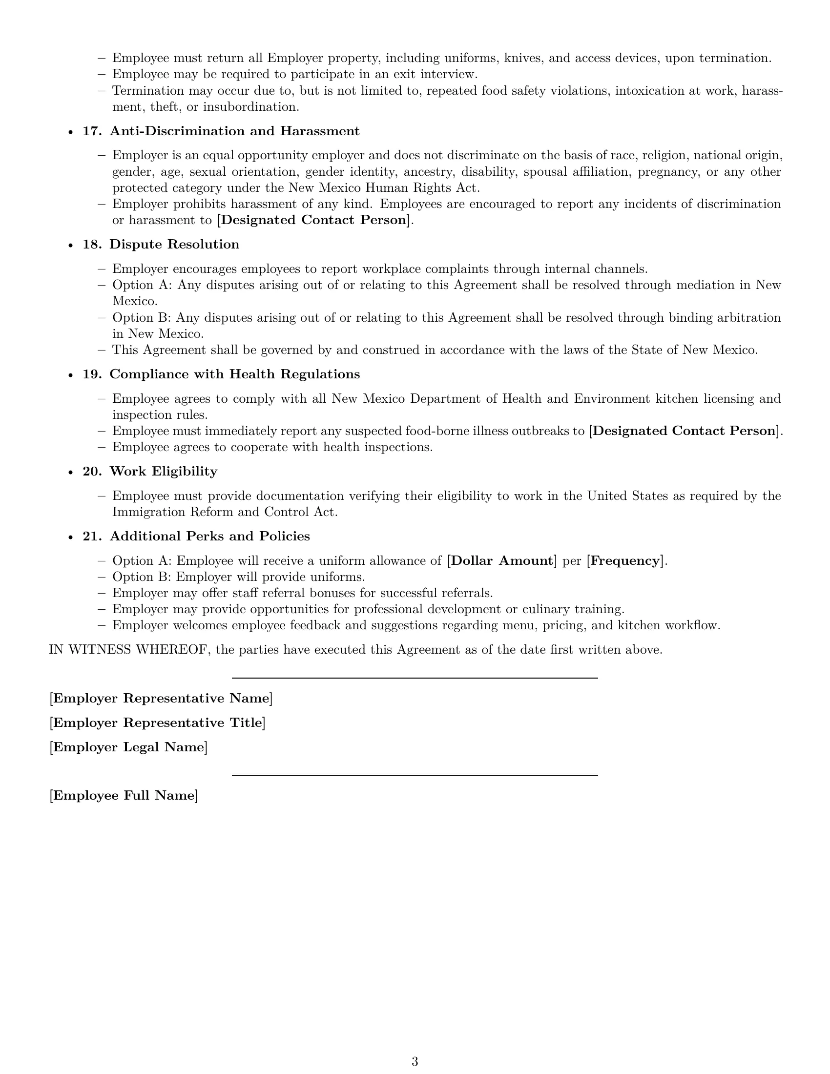 Preview page 3 of Free New Mexico cook employment contract template