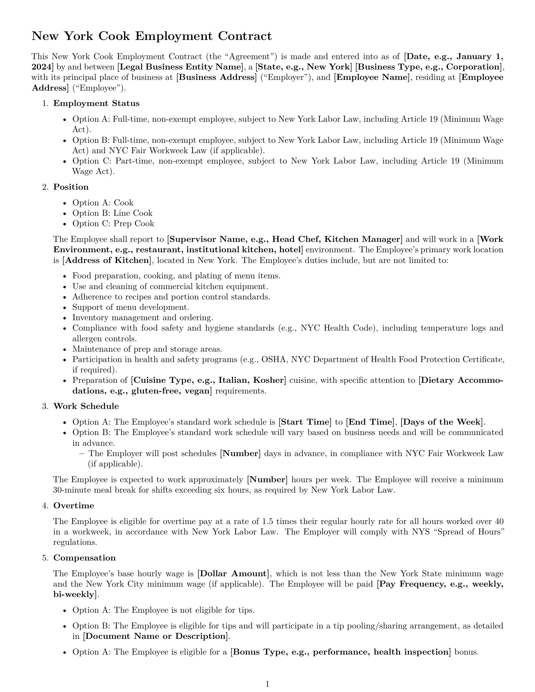 Preview page 1 of Free New York cook employment contract template